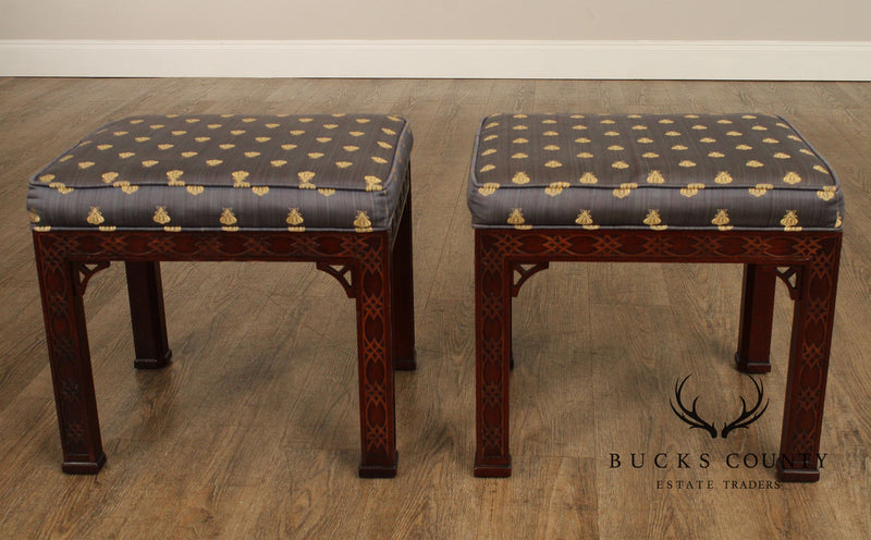 Kindel Chinese Chippendale Style Pair of Mahogany Stools