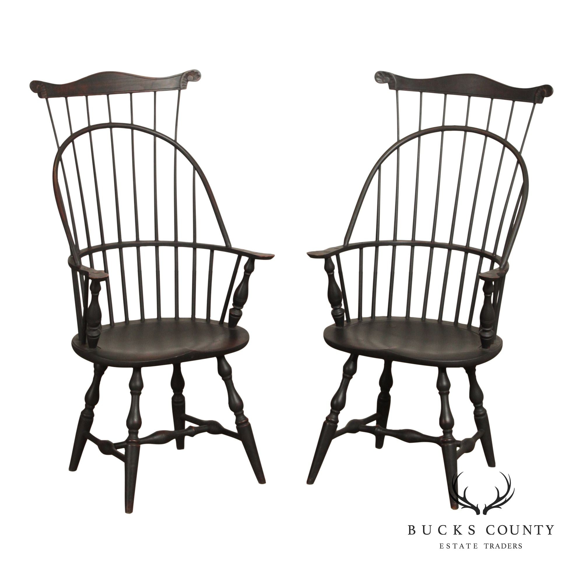 Custom Crafted Pair of Ebonized Sack-Back Windsor Armchairs