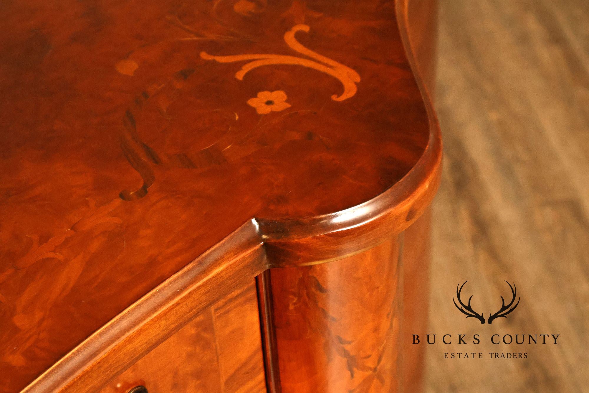Italian Neoclassical Style Burl Wood Marquetry Inlaid Serpentine Sideboard