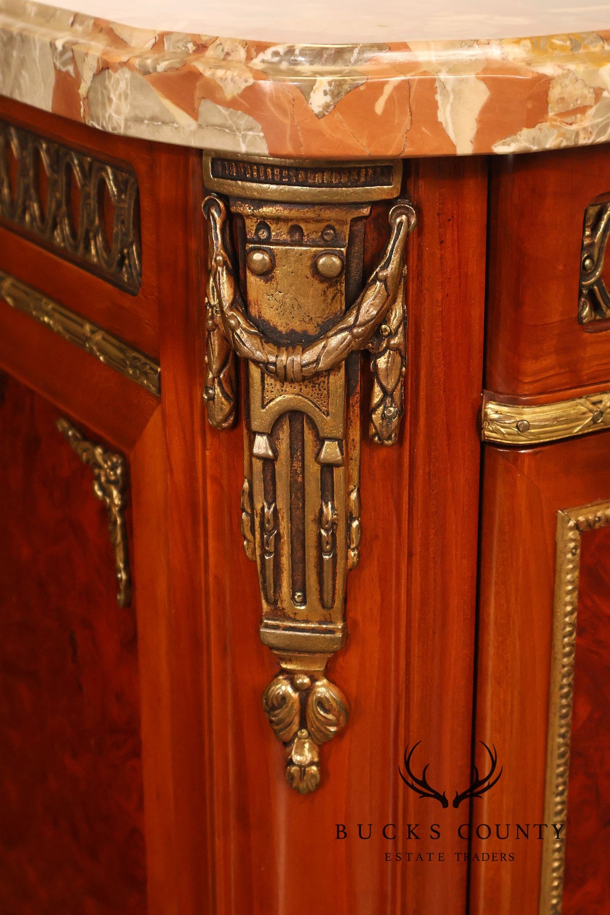 Louis XVI Style Marble Top Marquetry And Bronze Mounted Cabinet