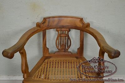 Anglo Indian Solid Padauk Wood Carved Lyre Back Cane Seat Arm Chair