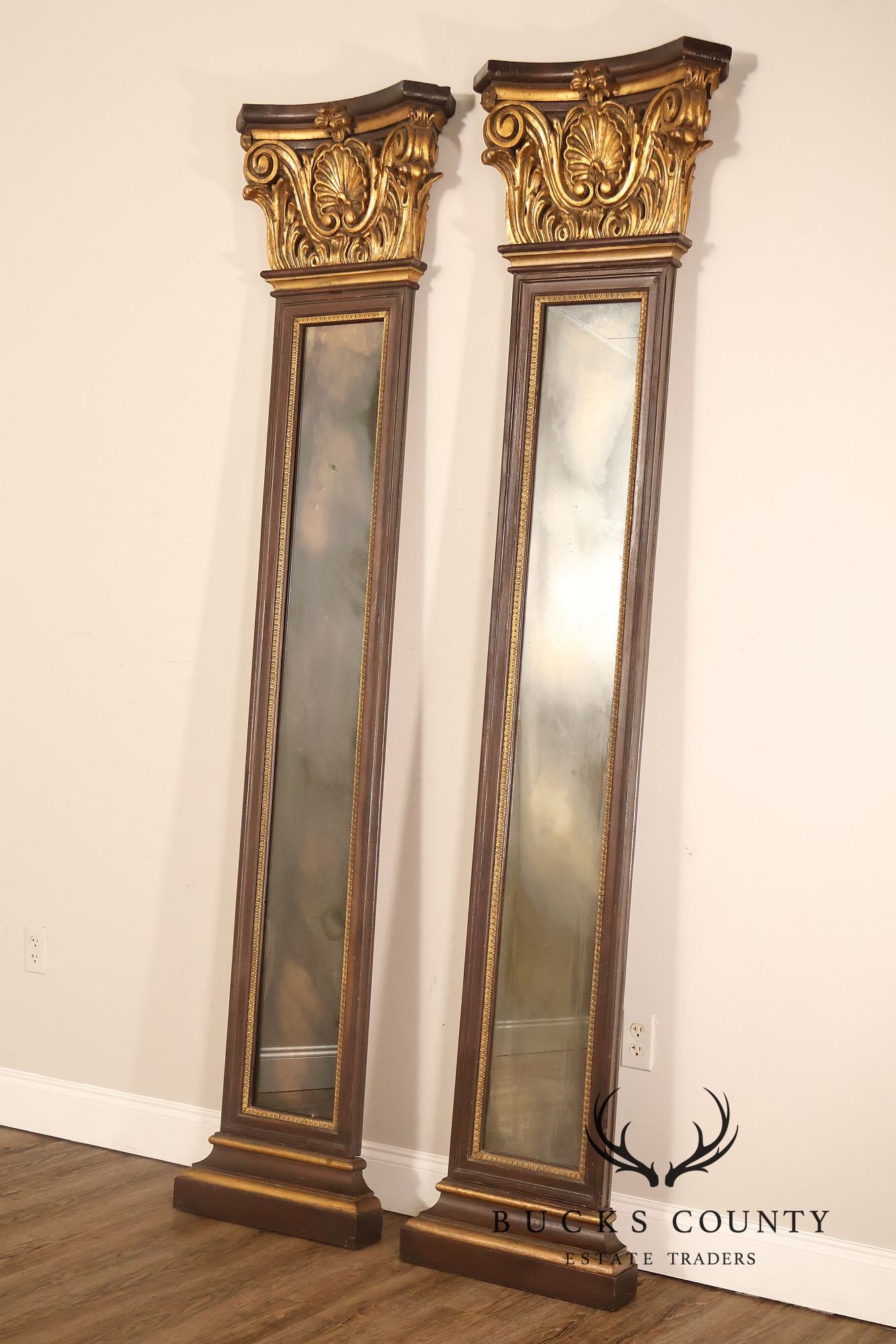 Pair Of Decorative Mirrored Wall Columns With Gilt Carved Capitals By Francisco Hurtado
