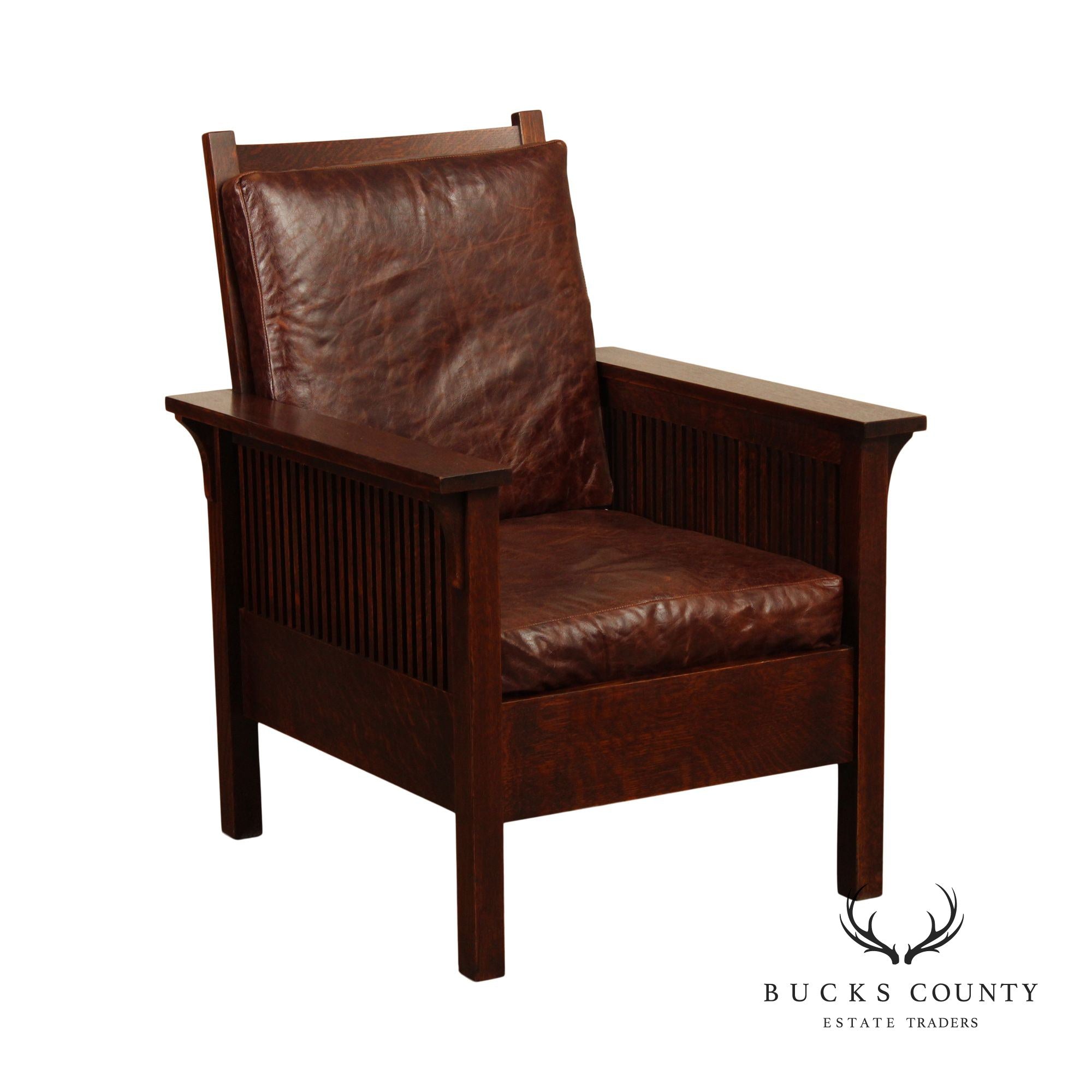 Stickley Mission Collection Oak and Leather Spindle Lounge Chair