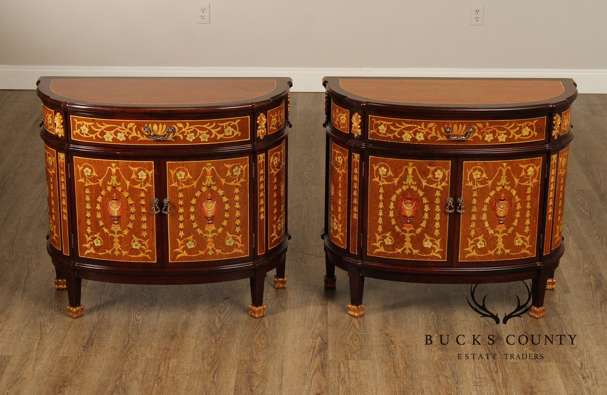 Italian Neoclassical Style Pair of Marquetry Demilune Commodes