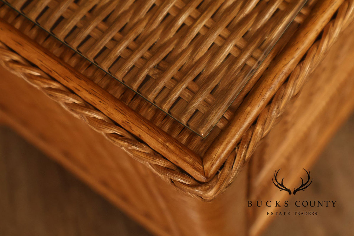Coastal Style Pair Of Wicker And Cane Two Drawer Nightstands With Glass Tops