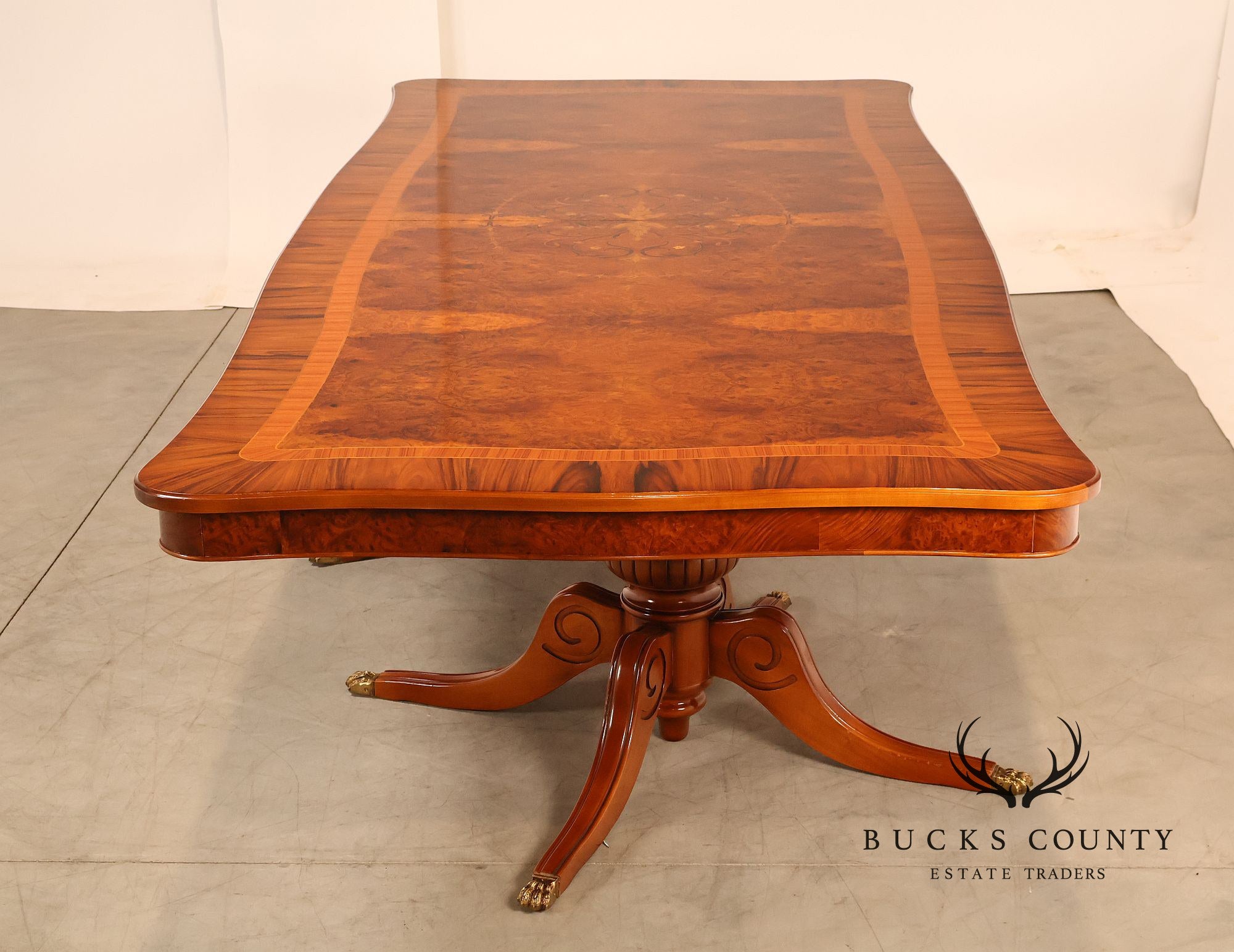 Exceptional Italian Burlwood Inlaid Double Pedestal Extendable Dining Table