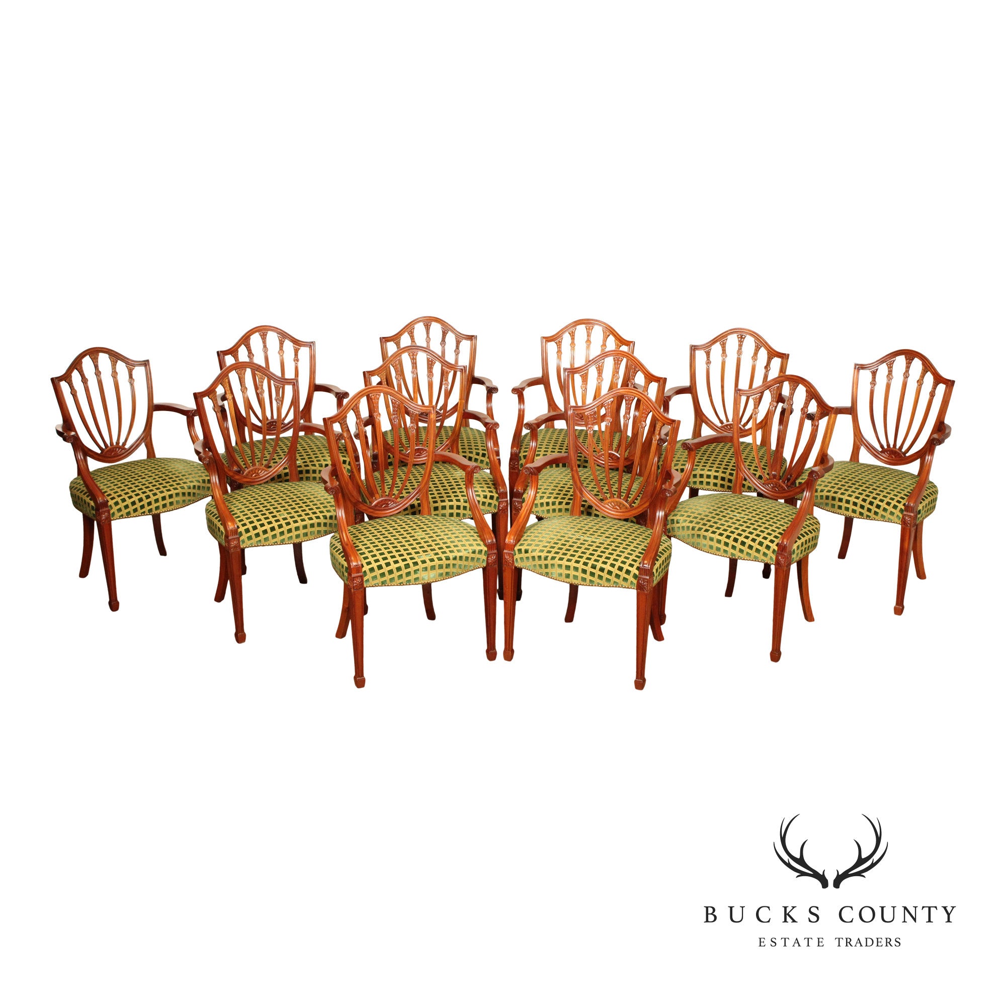 Hepplewhite Style Set of Twelve Carved Mahogany Shield Back Dining Chairs