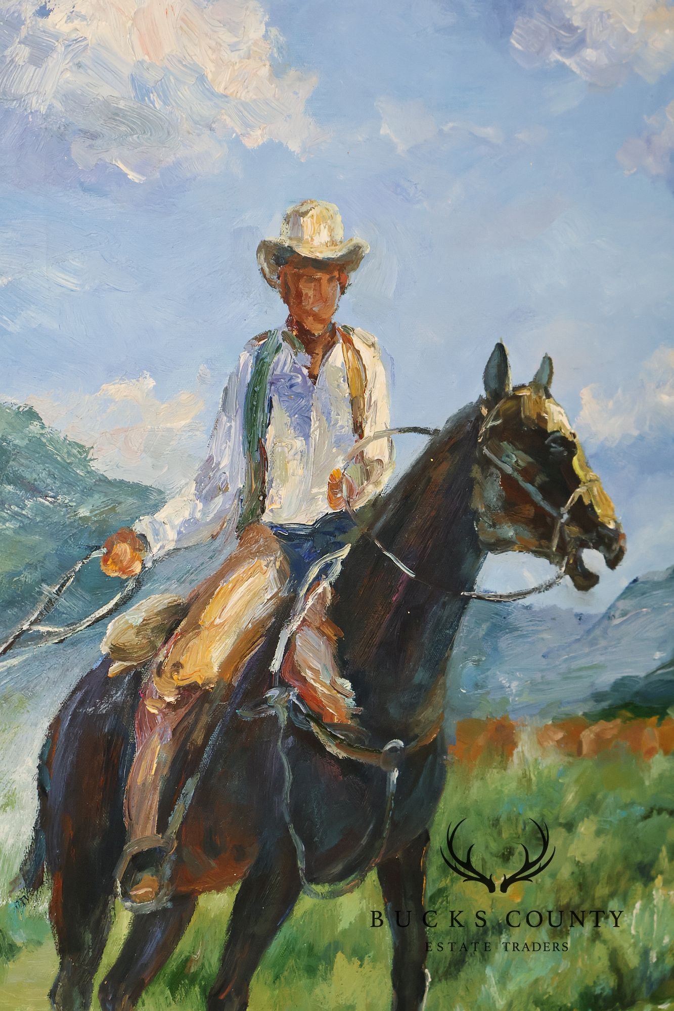 Western Cowboy on Horse Oil Painting on Canvas 55" x 43" Signed 'S. T. Cesent' in Gold Gilt Frame