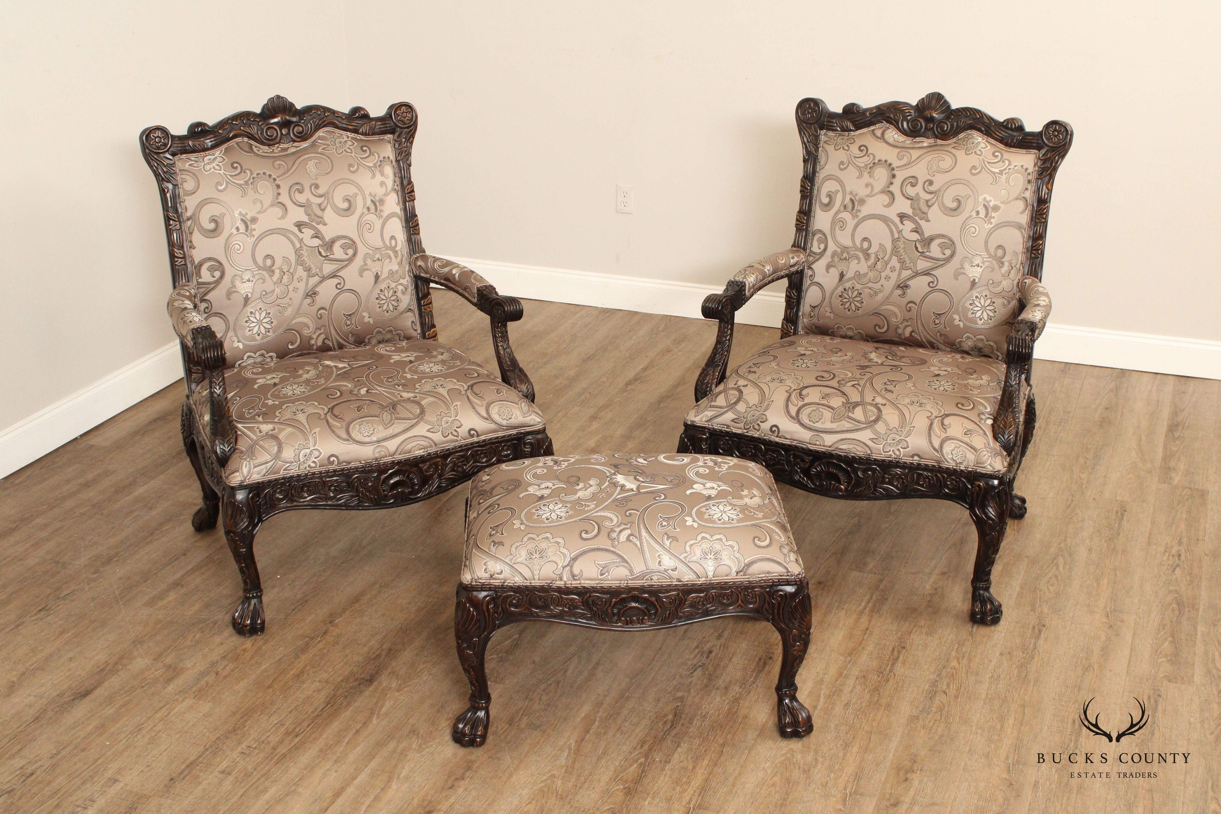 Modern Georgian Style Wide Seat Pair Of Carved Frame Custom Upholstered Armchairs With Ottoman