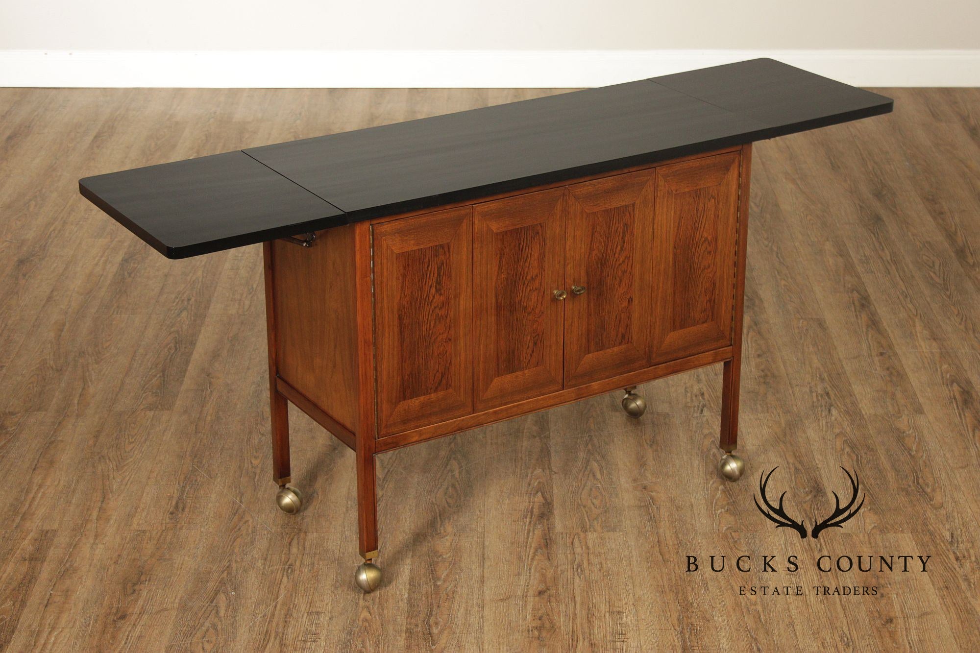 American Of Martinsville Mid Century Walnut And Rosewood Drop Leaf Bar Cart