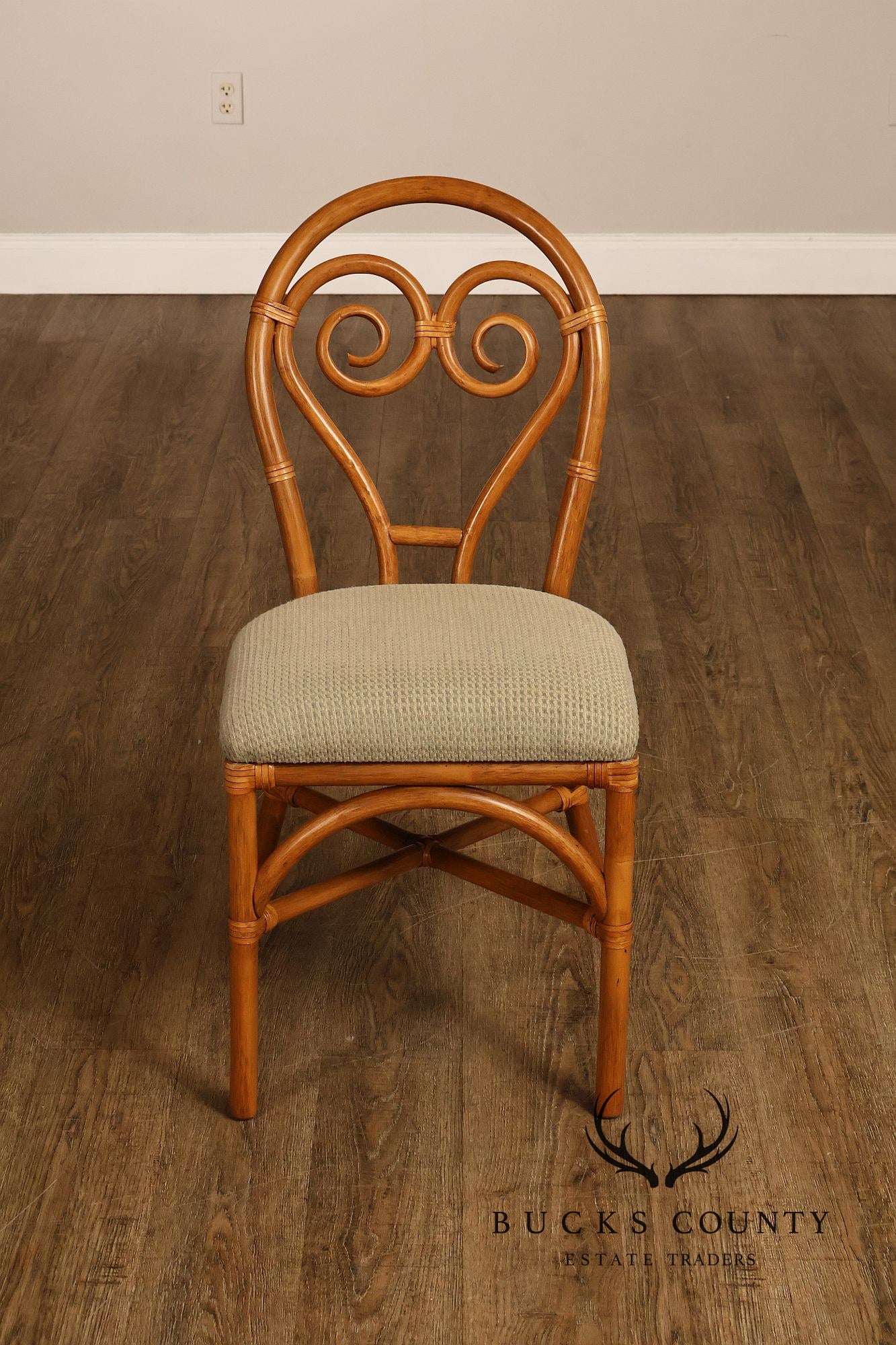 Coastal Style Pair Of Rattan Dining Chairs With Upholstered Seats