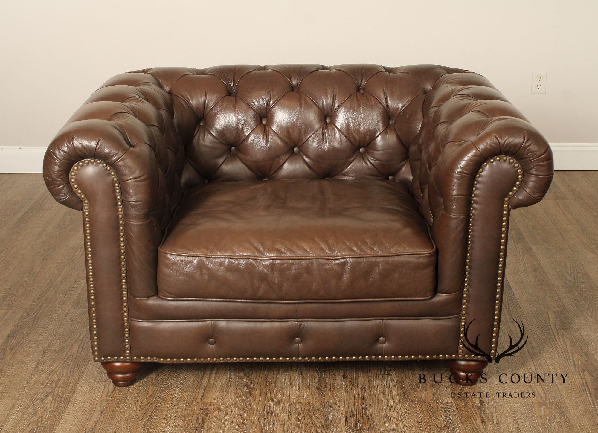 English Traditional Style Pair of Tufted Leather Chesterfield Wide Seat Club Chairs