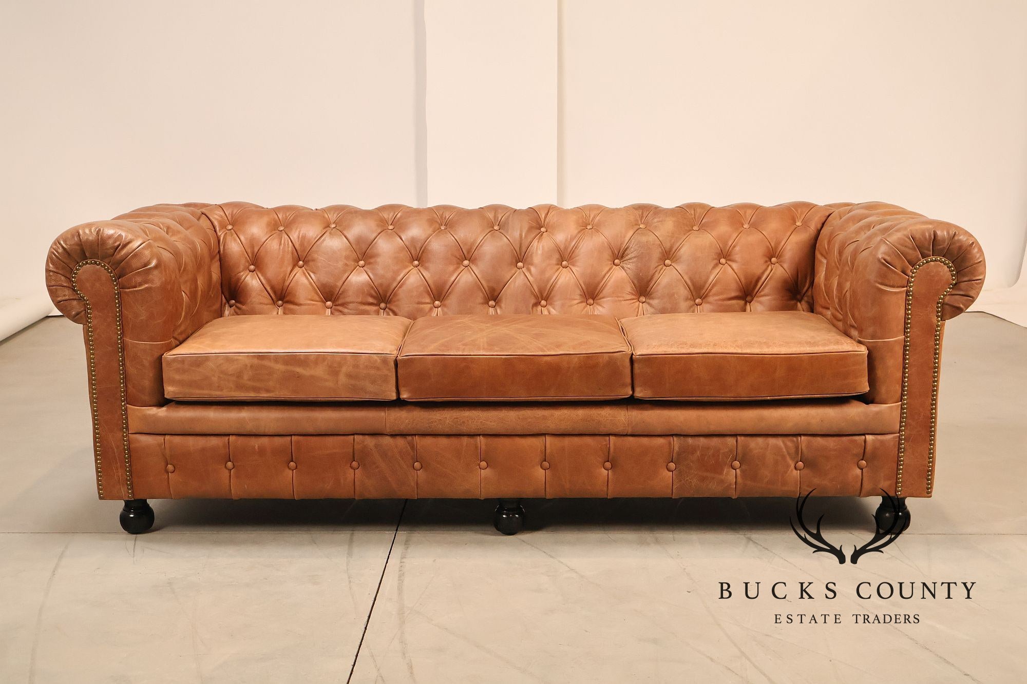 Chesterfield Style 7 Foot Distressed Brown Tufted Leather Sofa