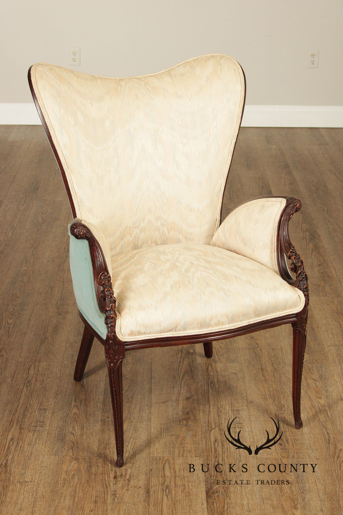 Vintage Mahogany Carved Fireside Armchair With Two-Tone Upholstery