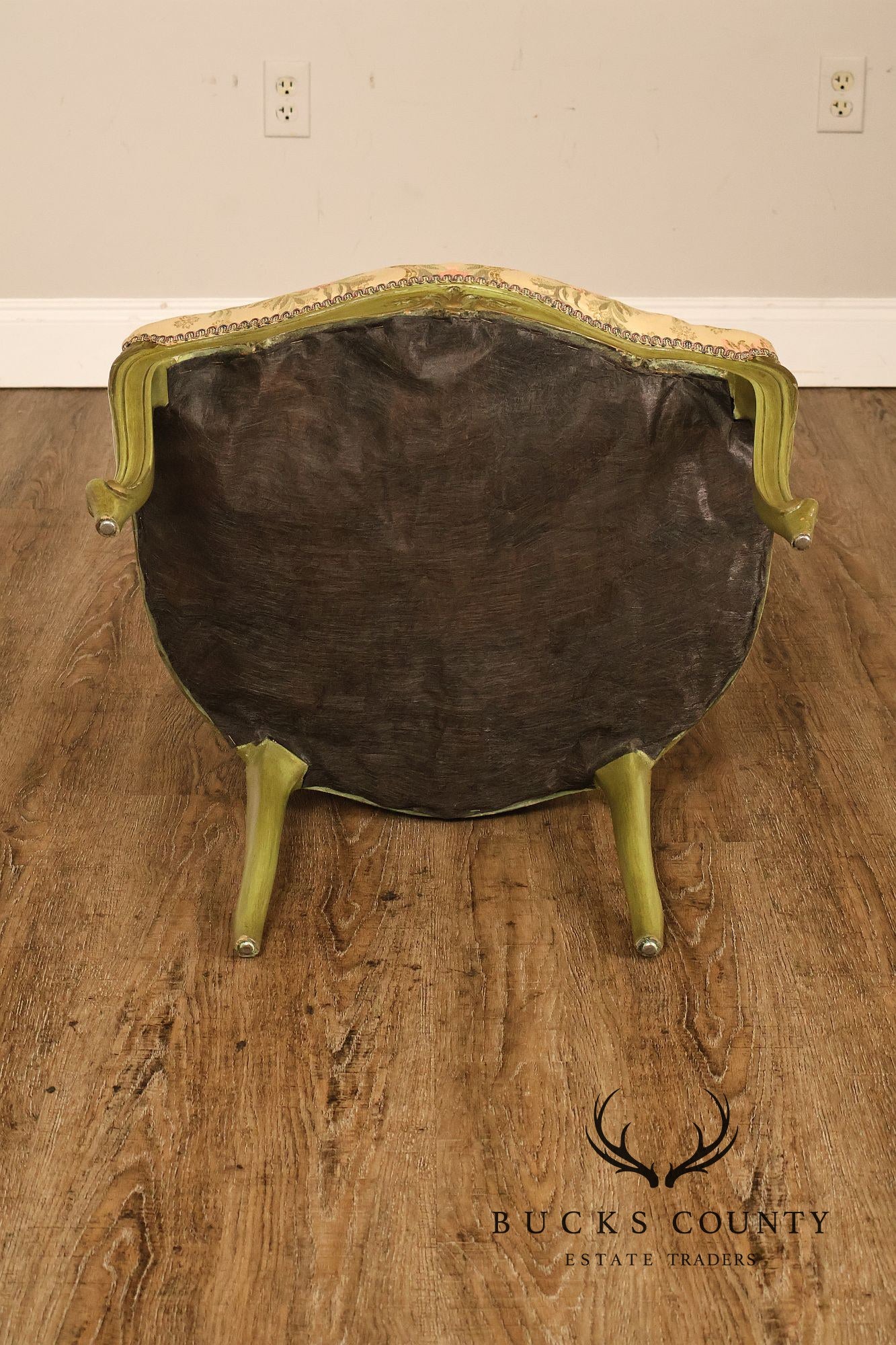Vintage Louis XV Style Green Painted Floral Upholstered Armchair