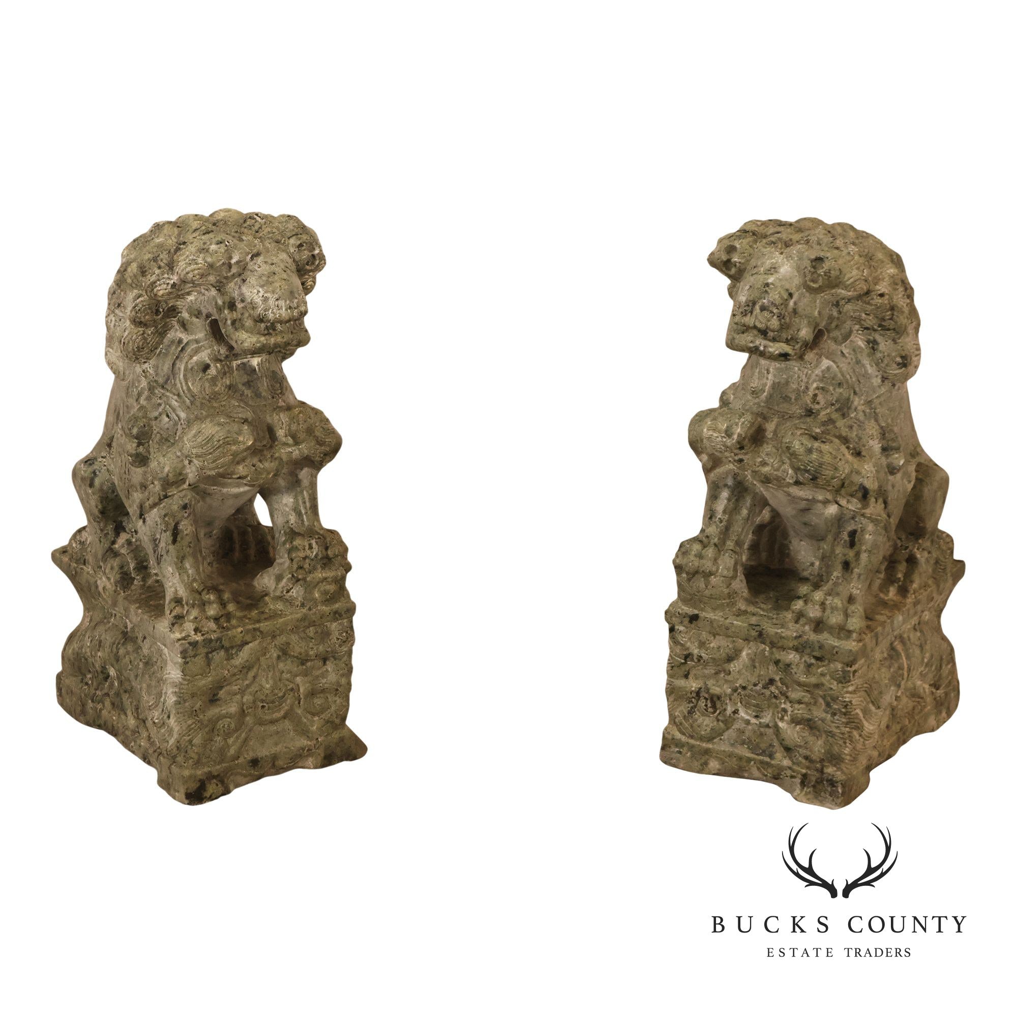 Large Pair Of Carved Green Marble Foo Dogs Guardian Lions