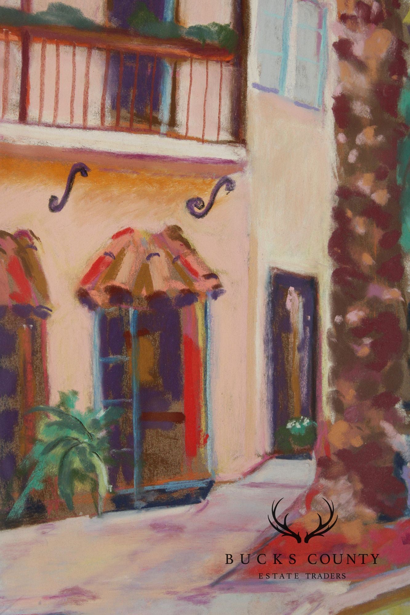 R. Hoefer Oil Pastel Painting, Spanish Courtyard