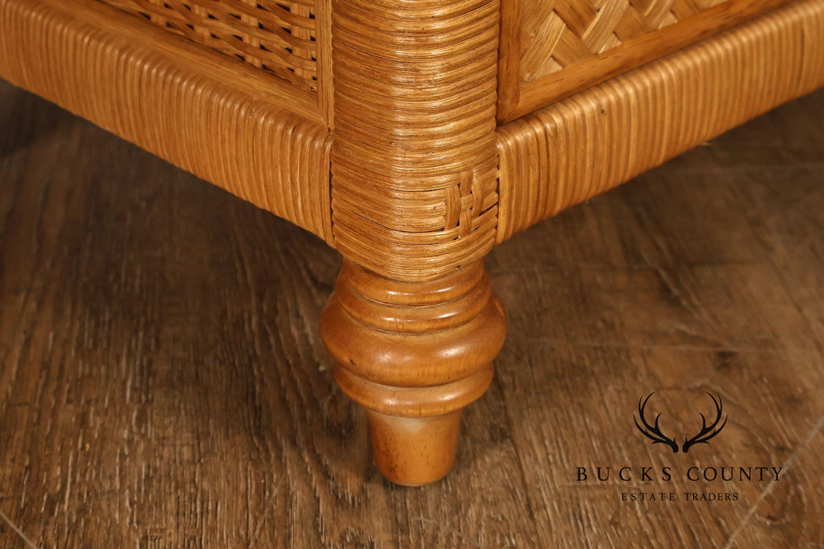 Coastal Style Pair Of Wicker And Cane Two Drawer Nightstands With Glass Tops