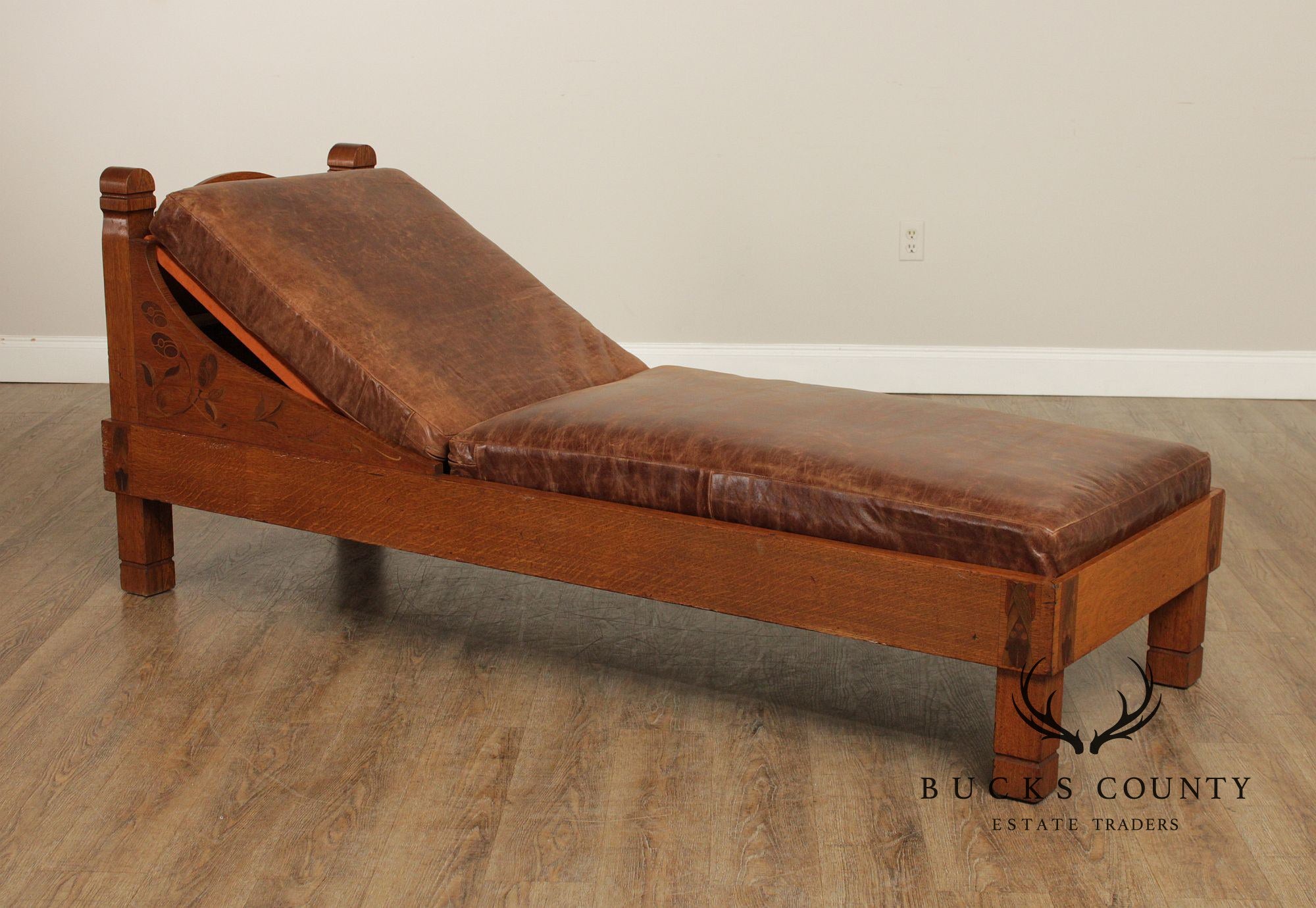 Early Stickley Brothers Inlaid Oak and Leather Daybed