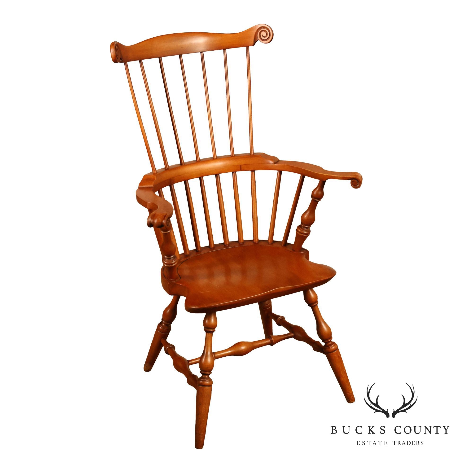 Conant Ball Maple Windsor Armchair With Scroll Crest Rail