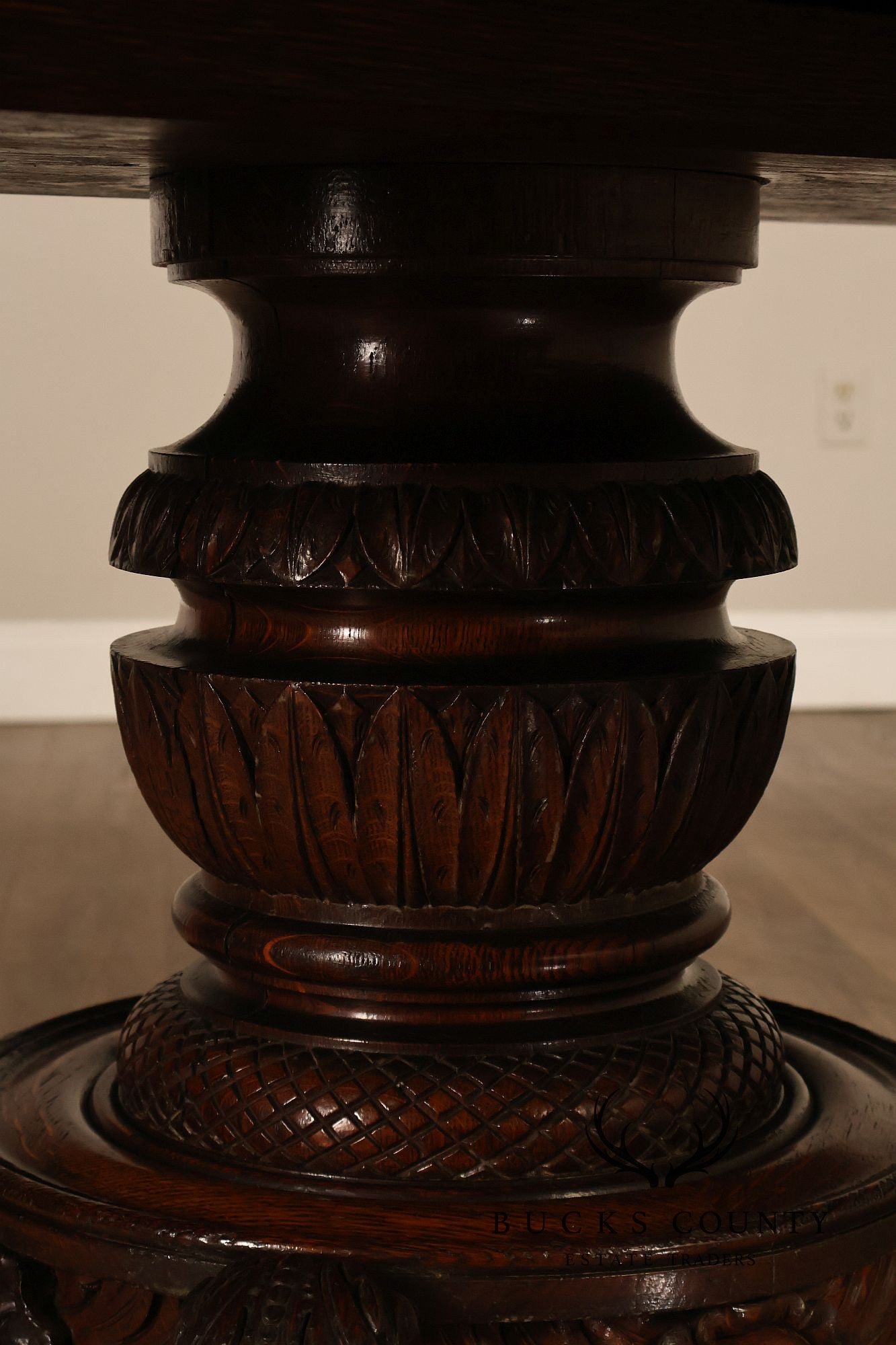 Antique 57 inch Round Oak Pedestal Dining Table With Carved Claw Feet