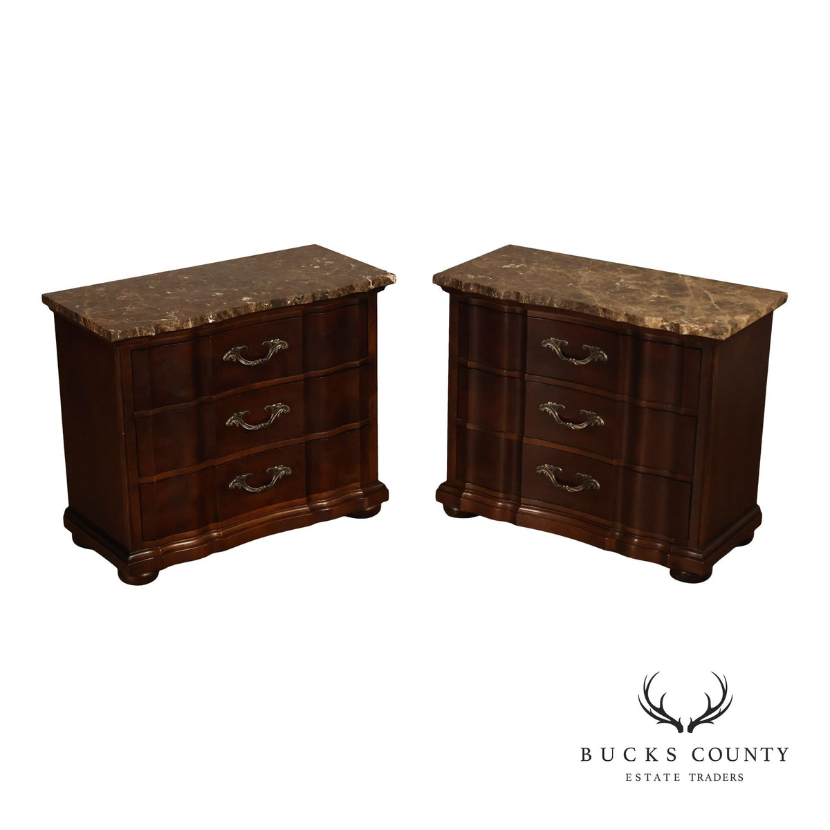 Bernhardt French Provincial Pair Of Marble Top Three-Drawer Nightstands