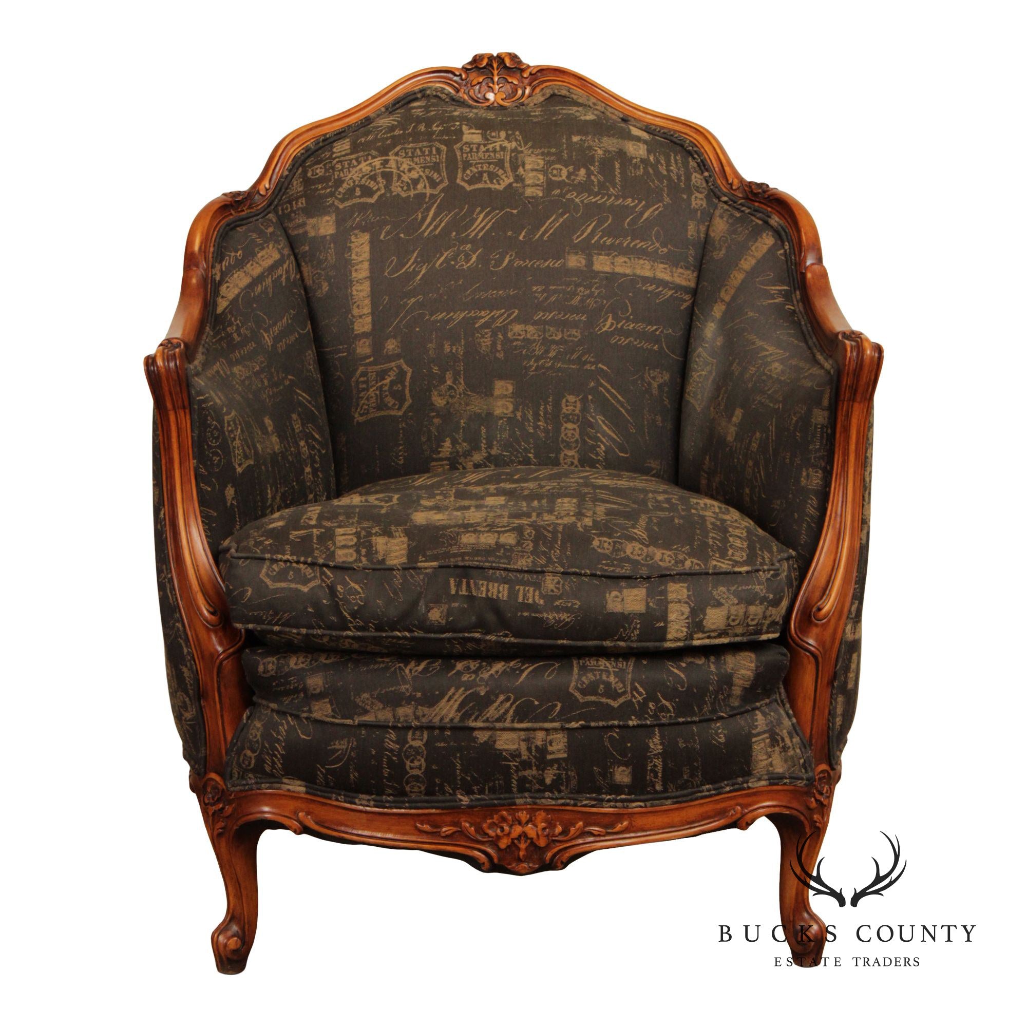 1930's French Louis XV Style Carved Barrel Bergere Armchair