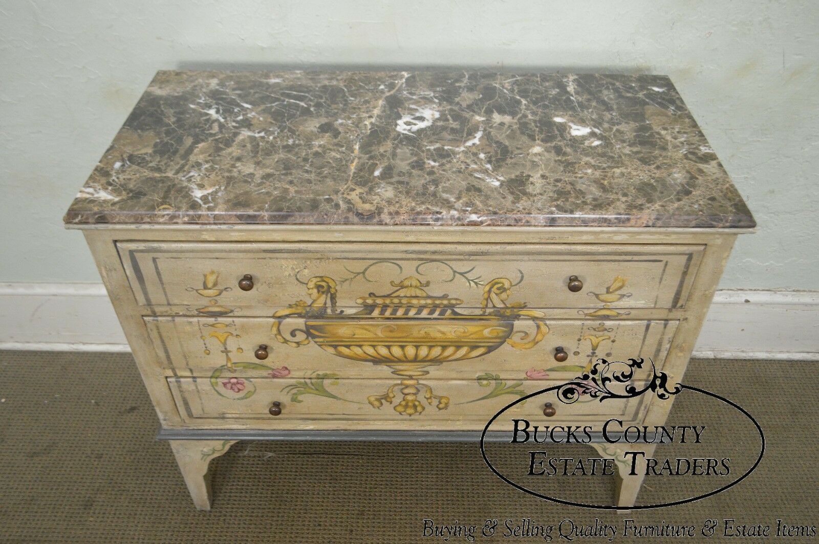 Adams Style Hand Painted Marble Top Chest of Drawers