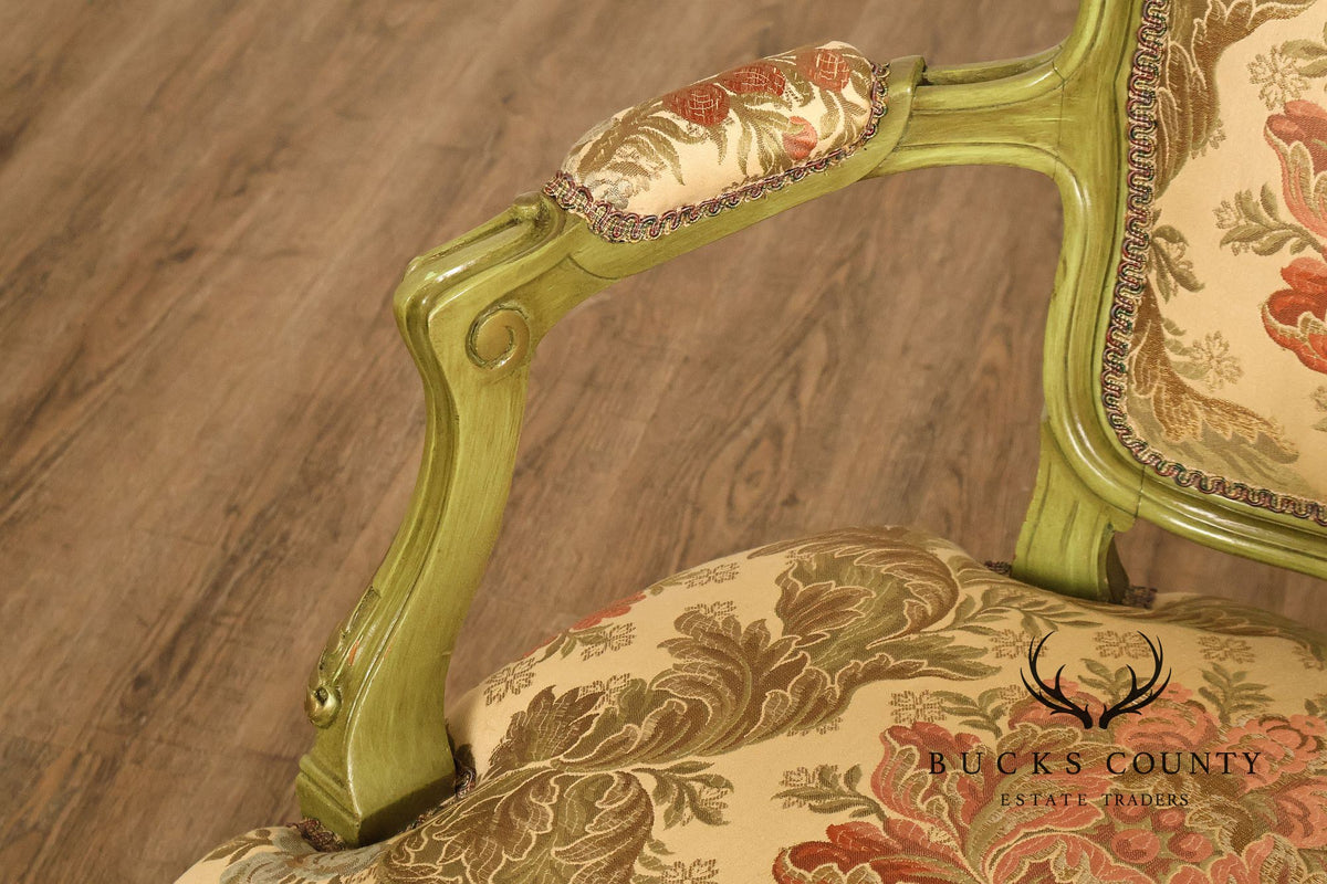 Vintage Louis XV Style Green Painted Floral Upholstered Armchair