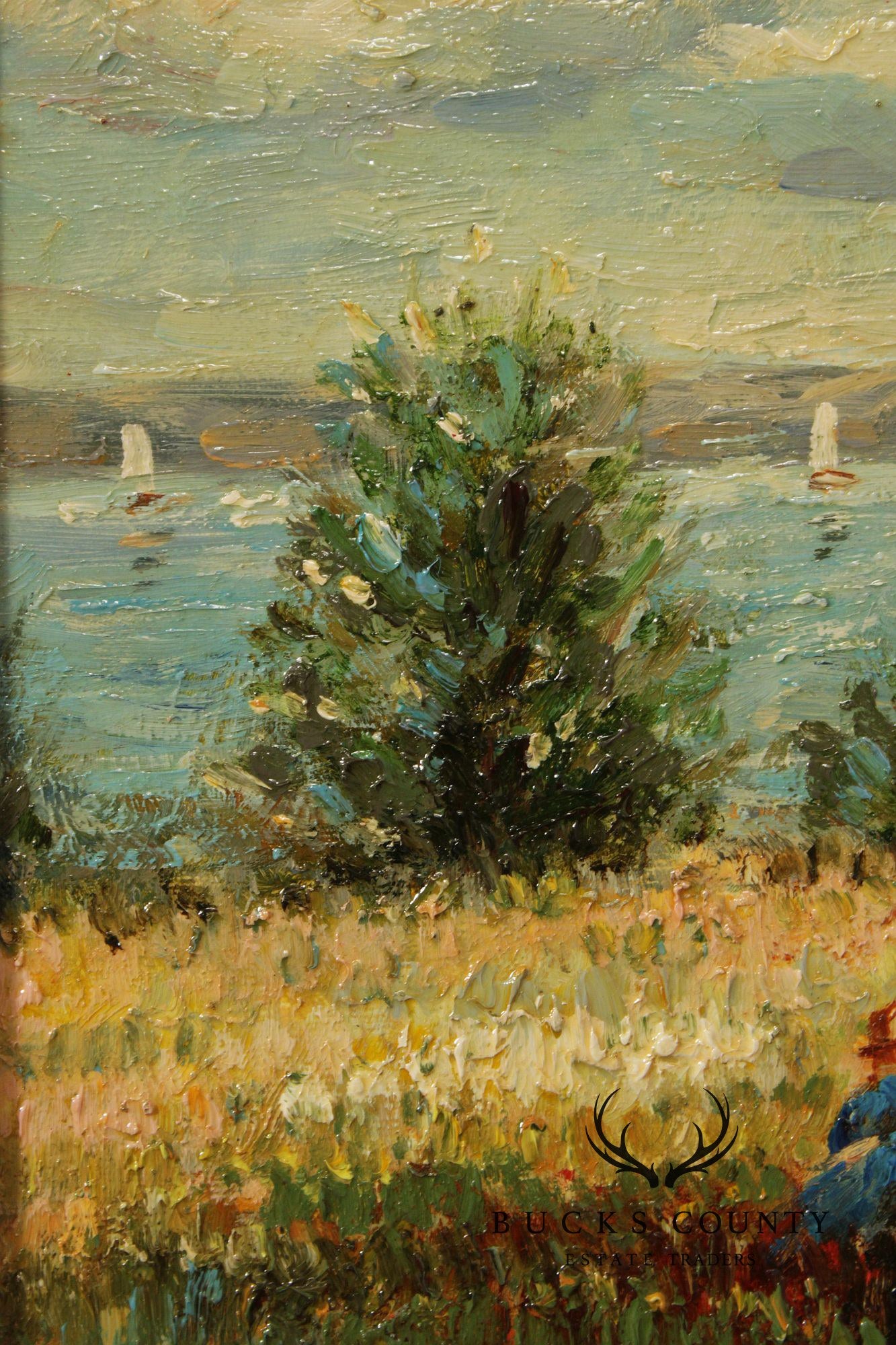 Impressionist Style Artist Signed Oil Painting, Seaside Landscape