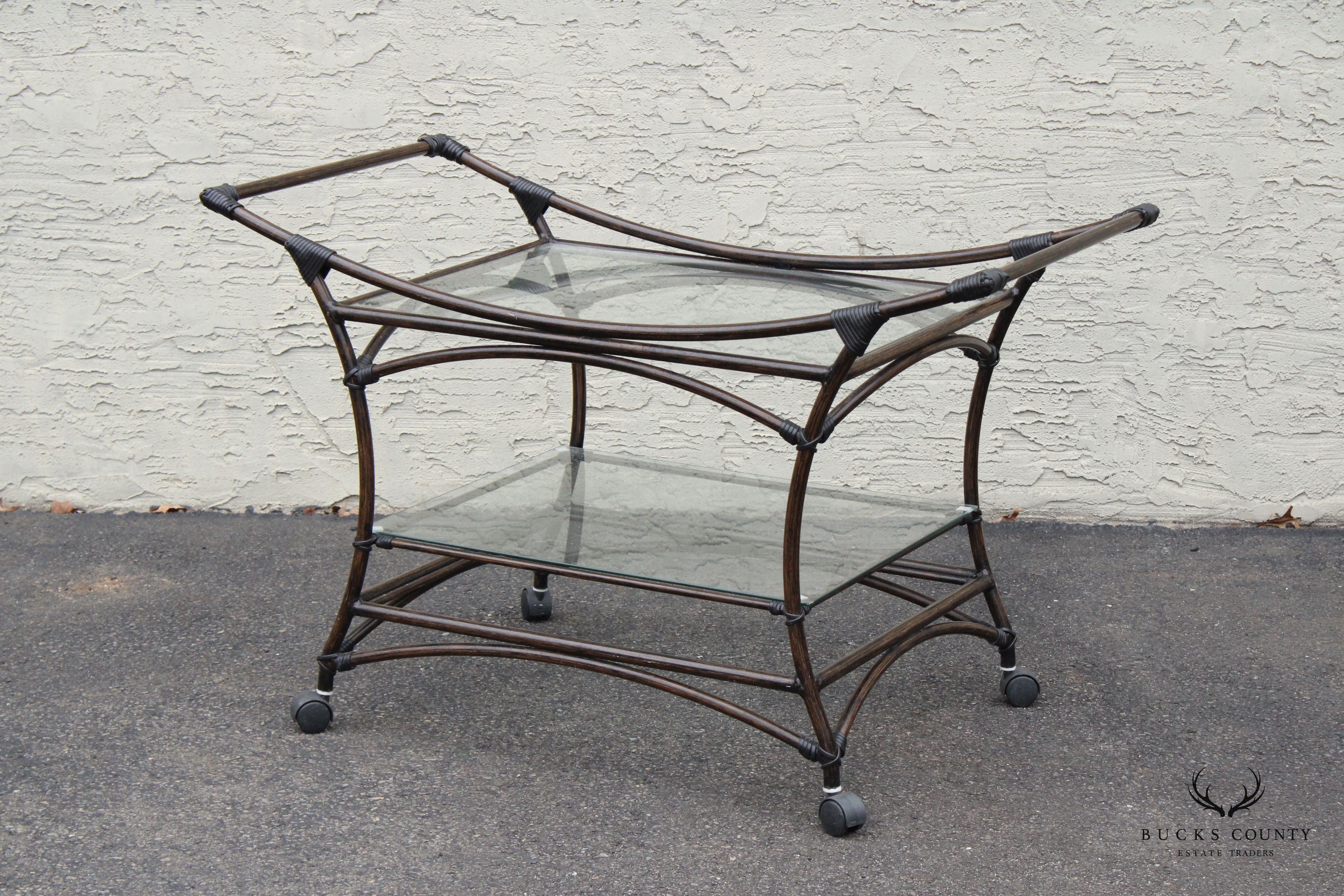 Contemporary Faux Rattan Rolling Bar Cart