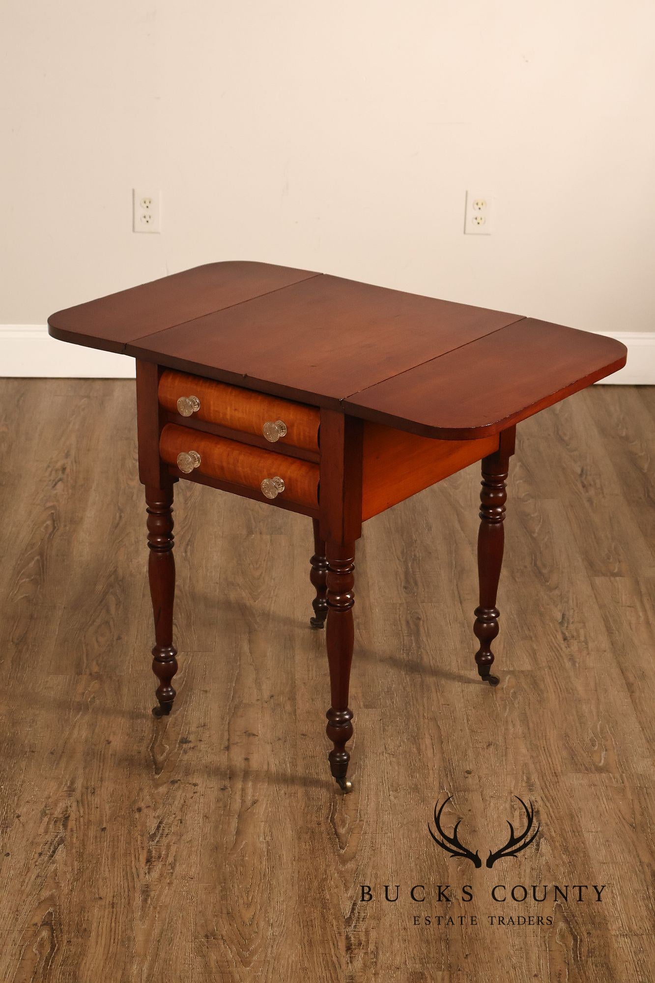 Antique American Sheraton Style Cherry And Tiger Maple Drop Leaf Work Table