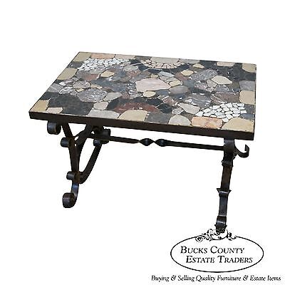 Antique Italian Hand Forged Iron Coffee Table w/ Mosaic Stone Top