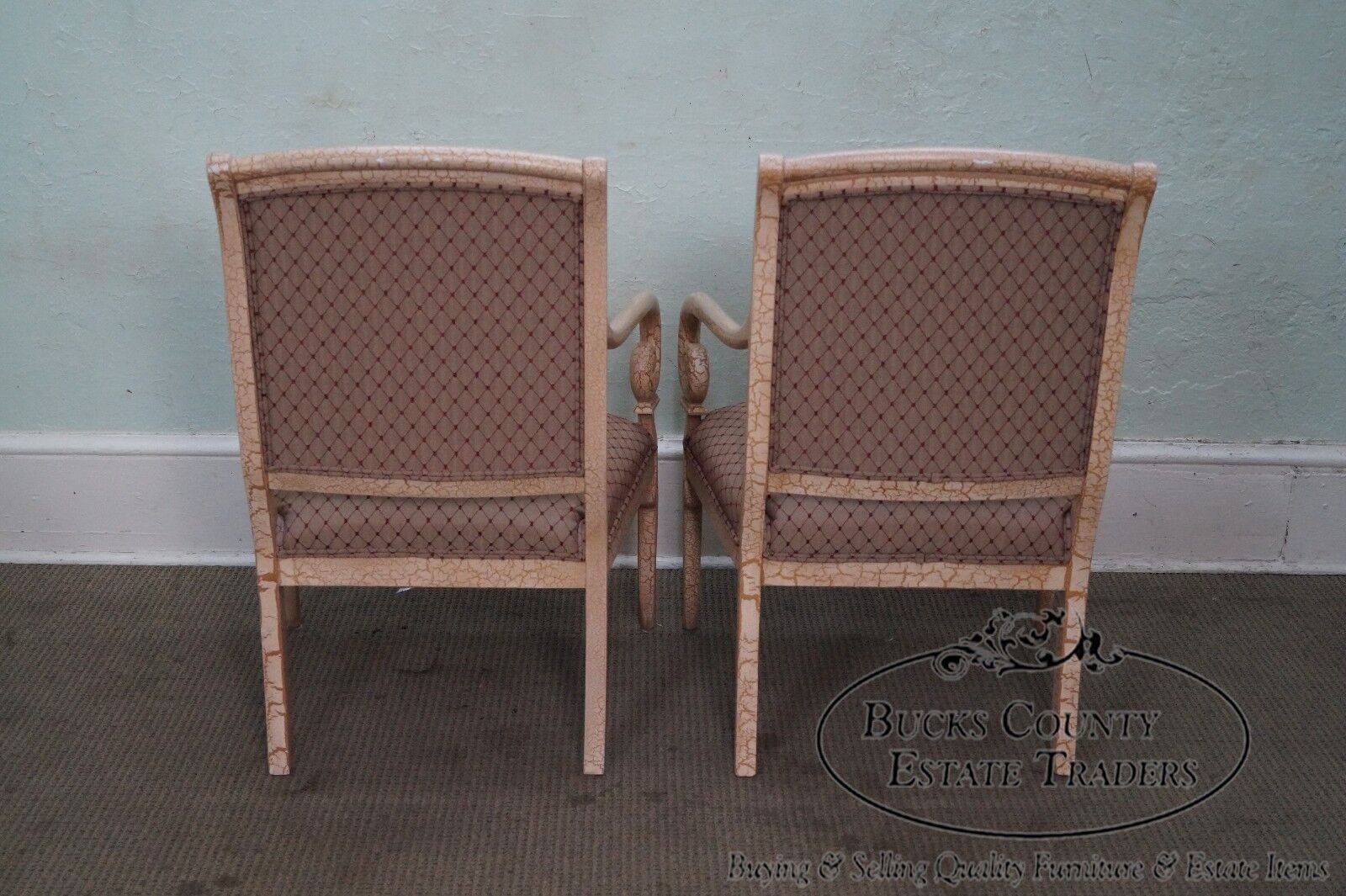 Quality Pair of Crackle Painted Finish Regency Style Arm Chairs