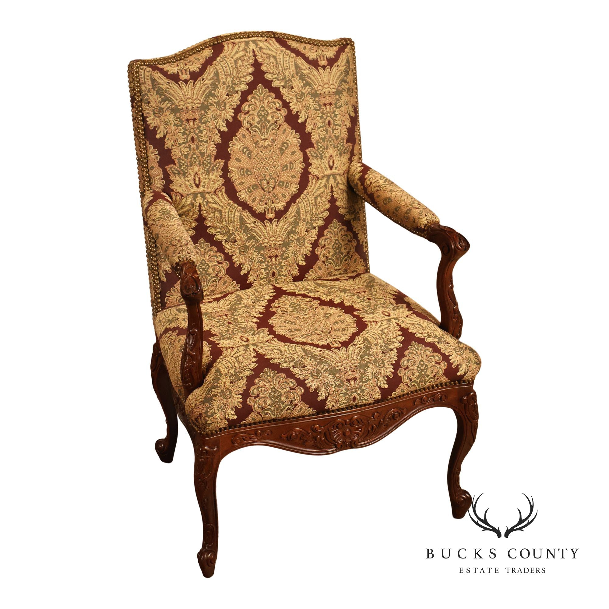 French Louis XV Style Carved Wood Upholstered Armchair
