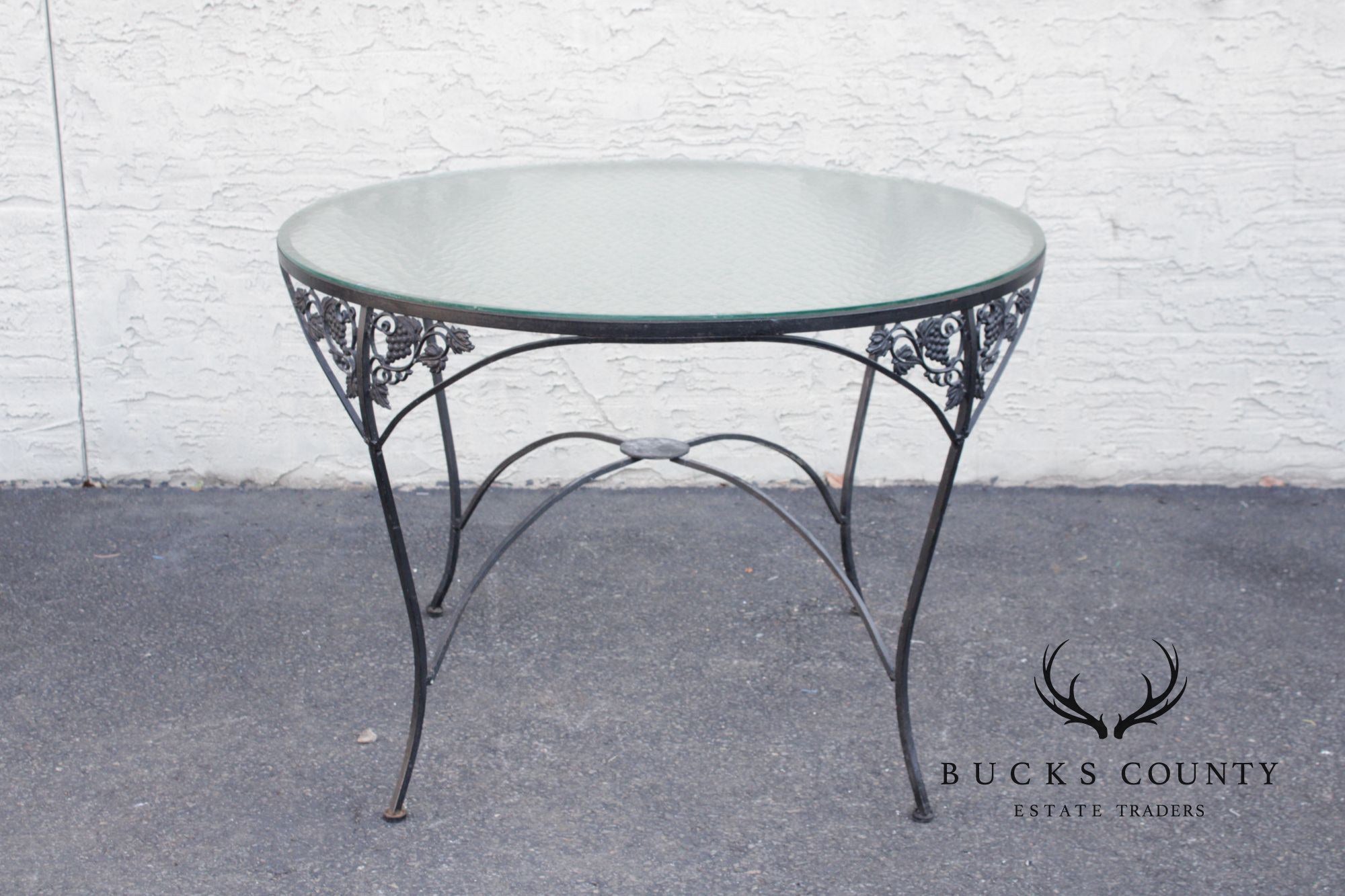 Vintage Round Glass Top Wrought Iron Outdoor Patio Dining Table