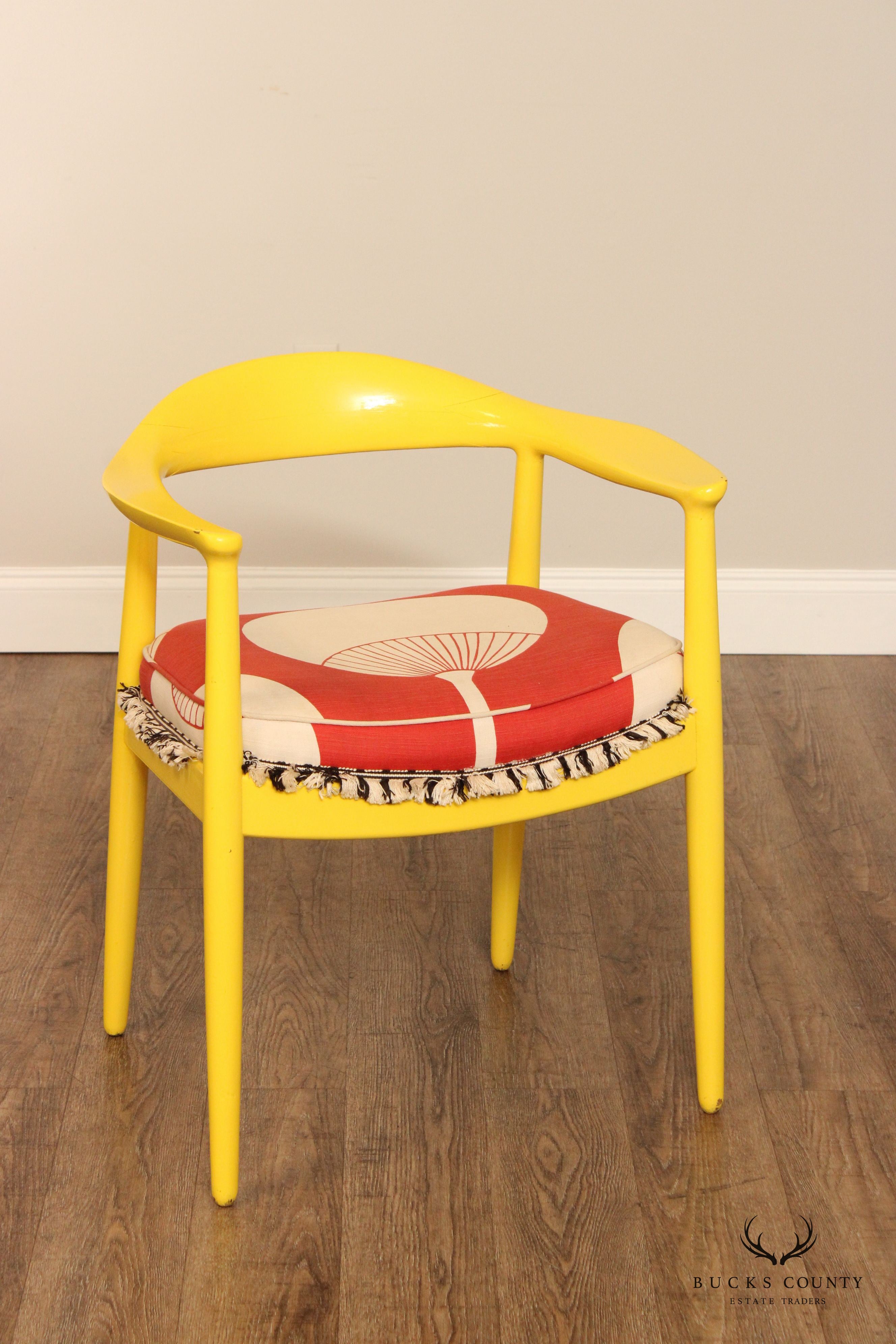 Vintage Mid Century Modern Pair Of Yellow Barrel Back Dining Chairs With Graphic Upholstery