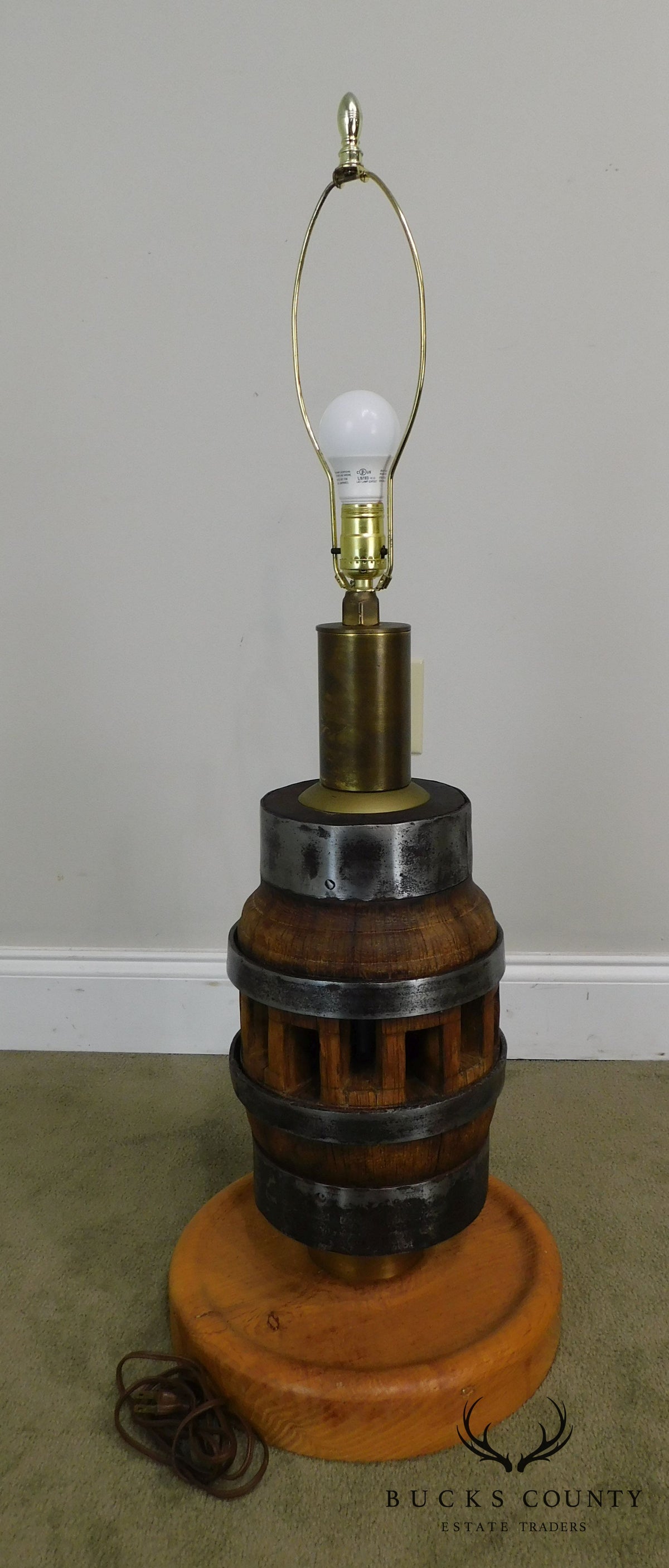 Heavy Wood and Steel Vintage Pair Barrel Table Lamps