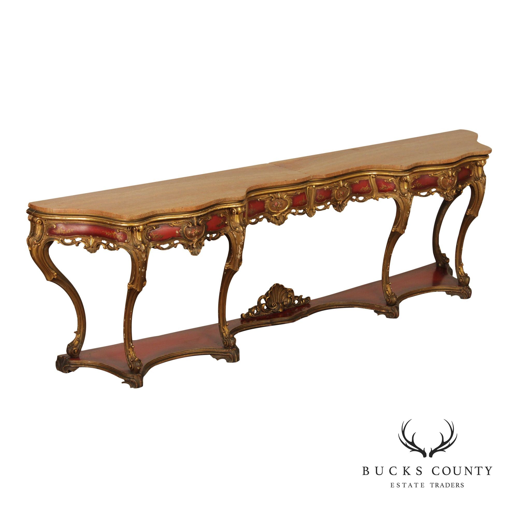 Italian Rococo Style Long Marble Top Console Table