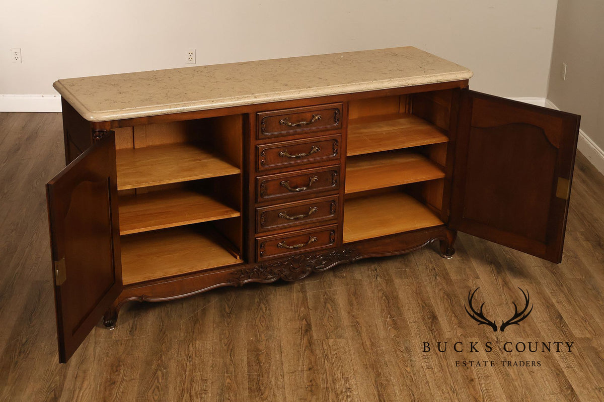 French Louis XV Style Carved Walnut Marble Top Sideboard