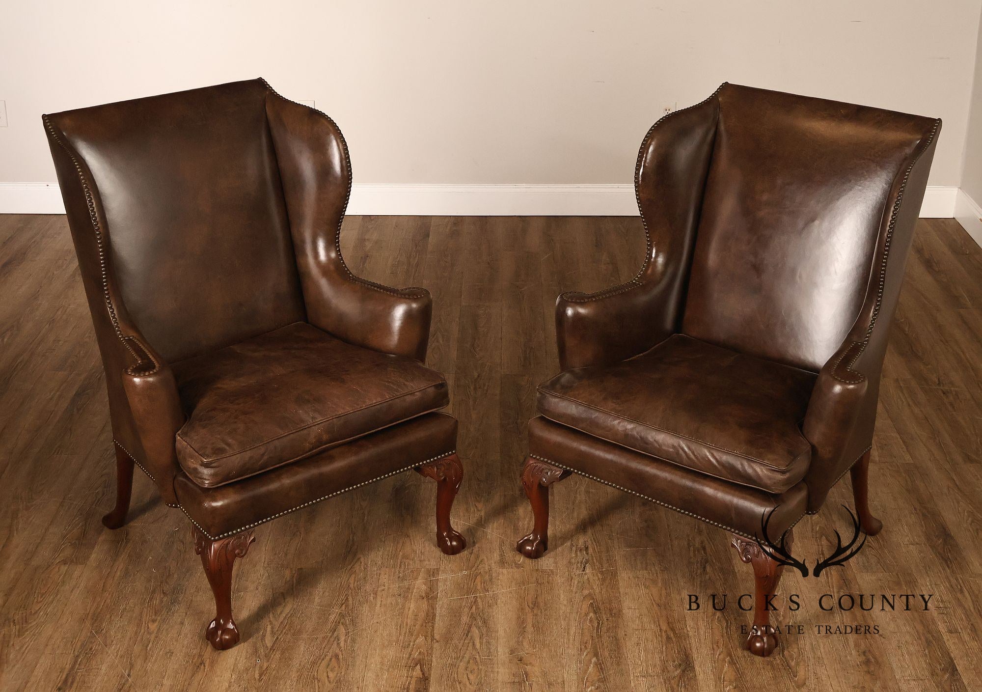 Kittinger Colonial Williamsburg Chippendale Style Pair Leather Wing Chairs