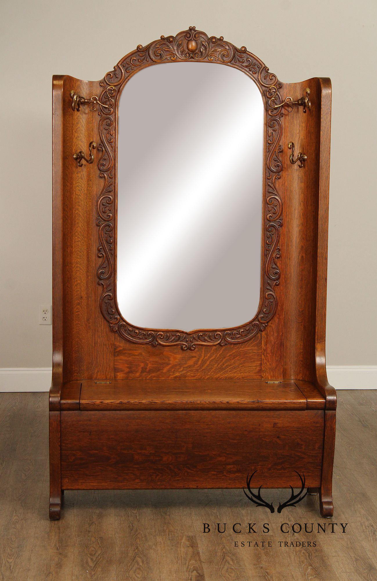 Antique Victorian Oak Mirrored Hall Tree