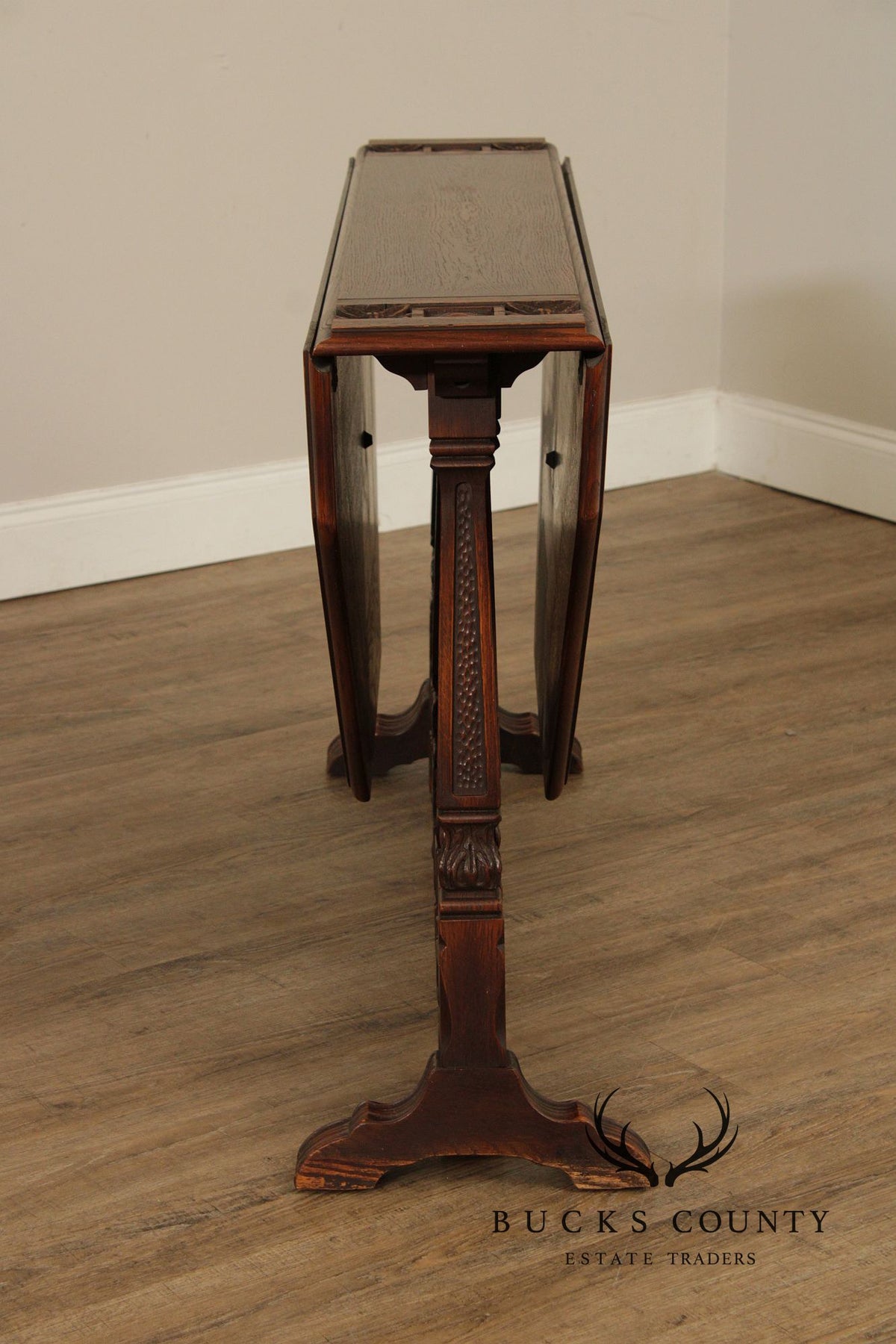 Rom Weber Viking Jacobean Style Carved Oak Drop-Leaf Table
