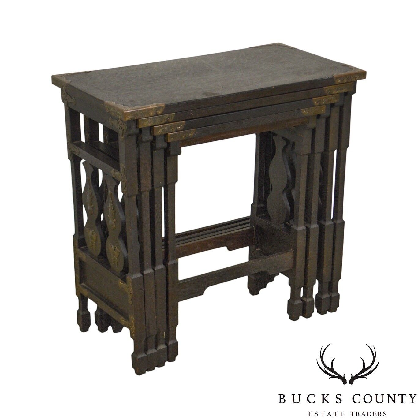 Arts & Crafts Antique Oak Asian Inspired Nesting Tables