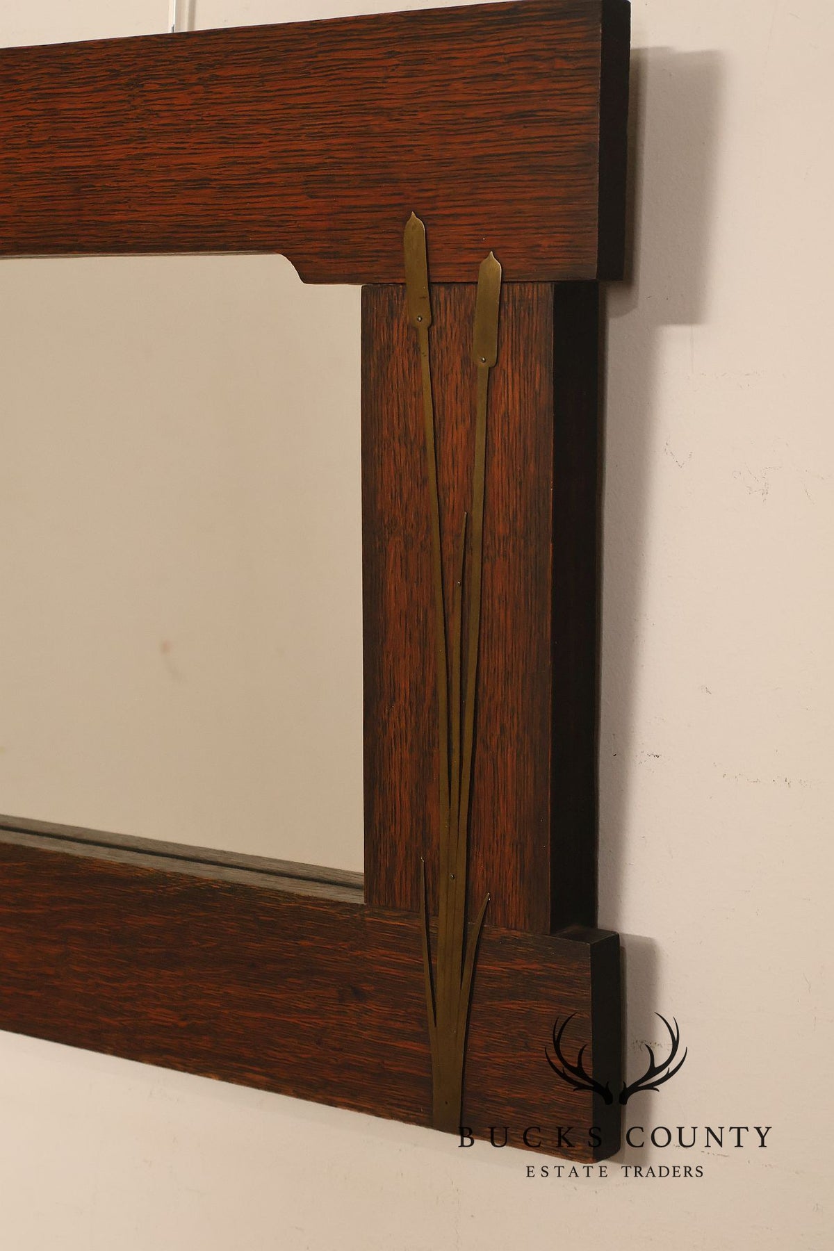 Arts And Crafts Mission Oak Mirror With Brass Cattail Decorative Mounts