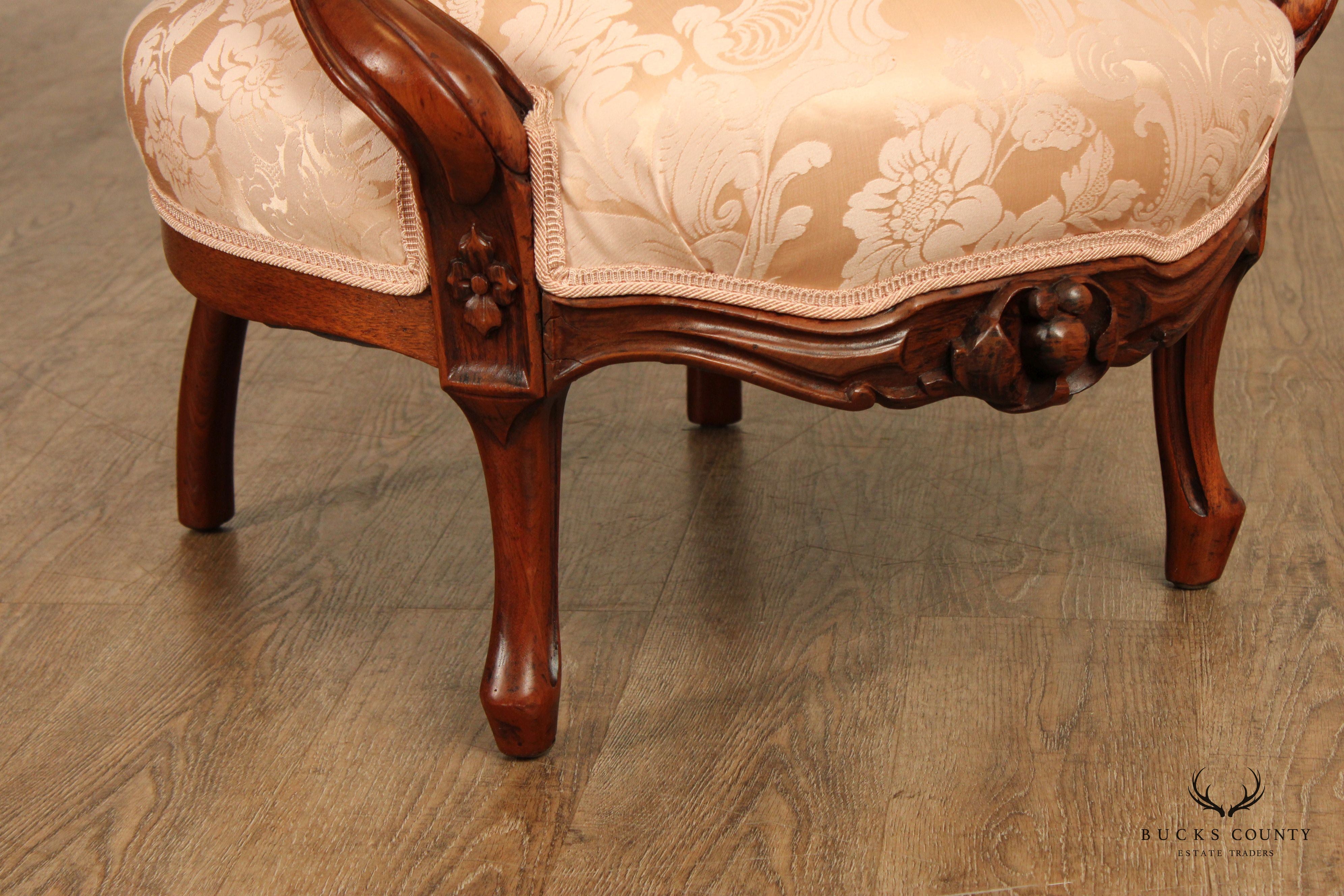 Antique Victorian Pair of Carved Walnut Armchairs