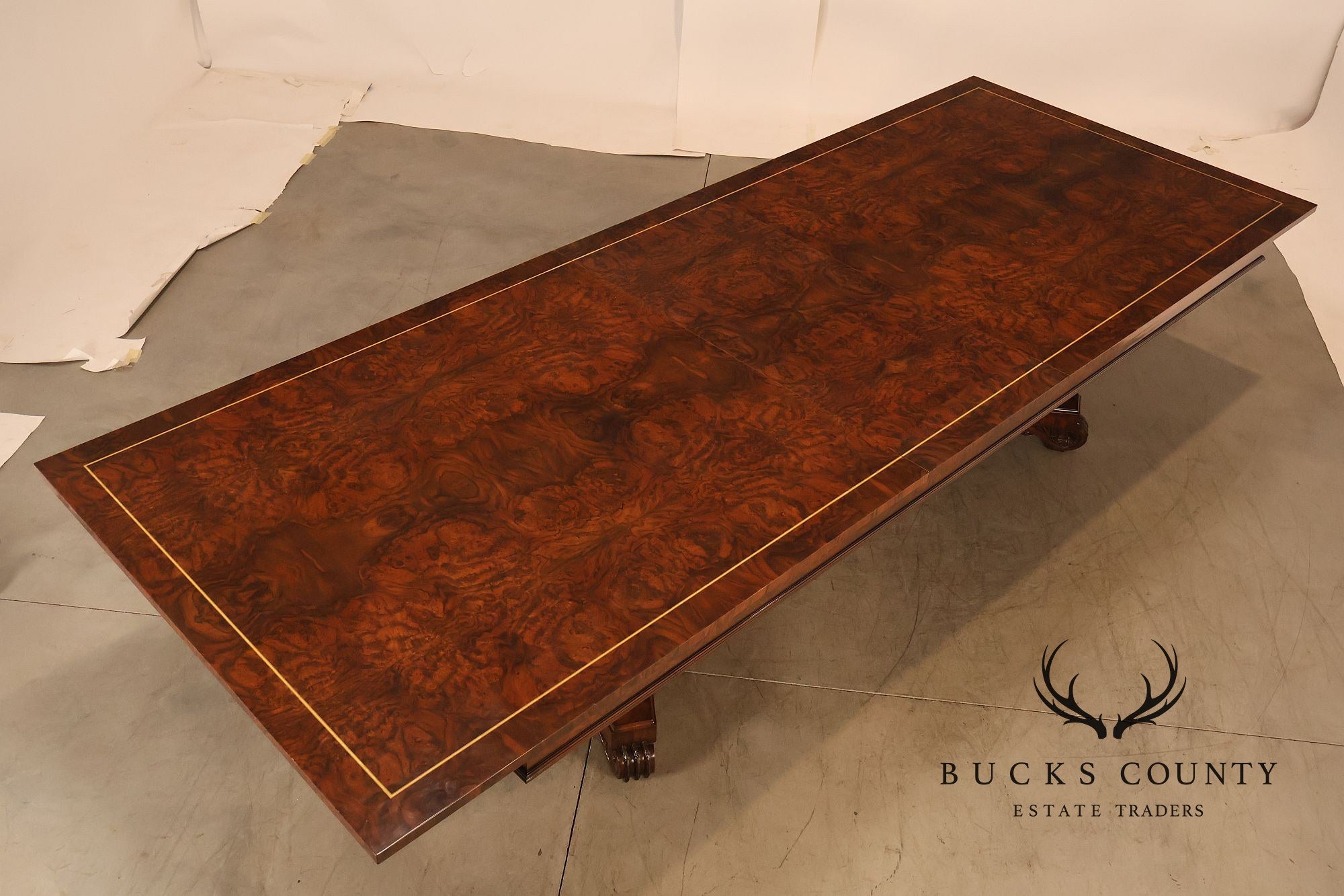 Custom Regency Style Burl Walnut Double Pedestal 12' Dining Table