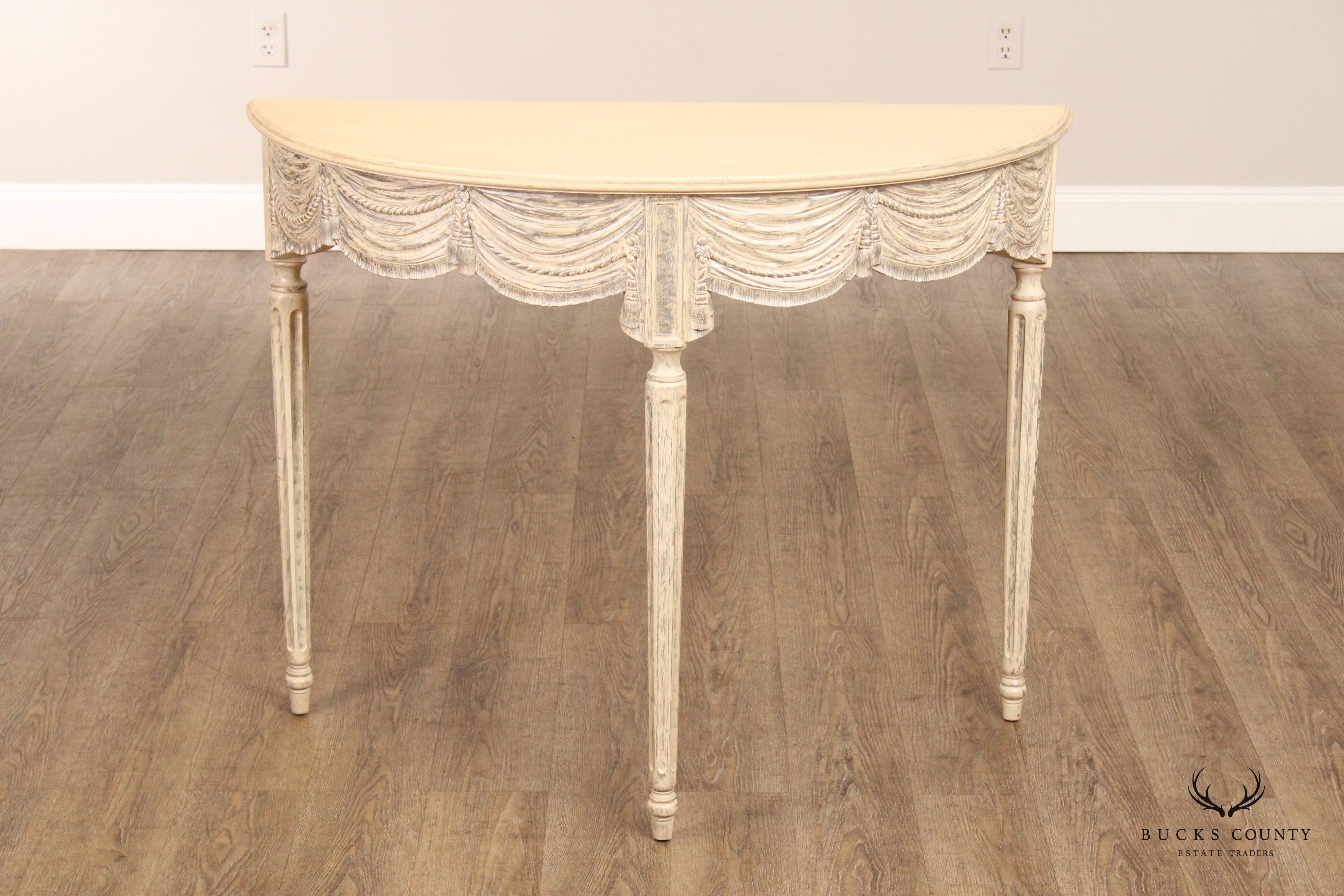 Gustavian Style Pair of Carved and Distress Painted Demilune Console Tables