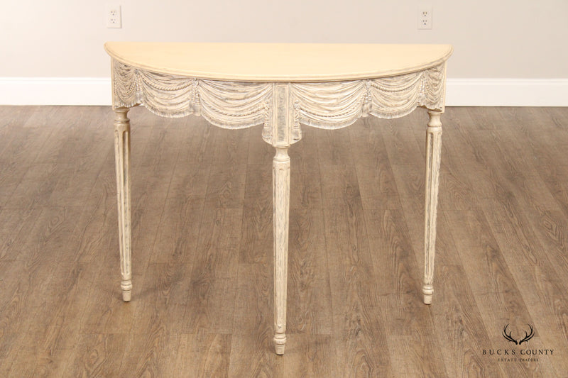 Gustavian Style Pair of Carved and Distress Painted Demilune Console Tables