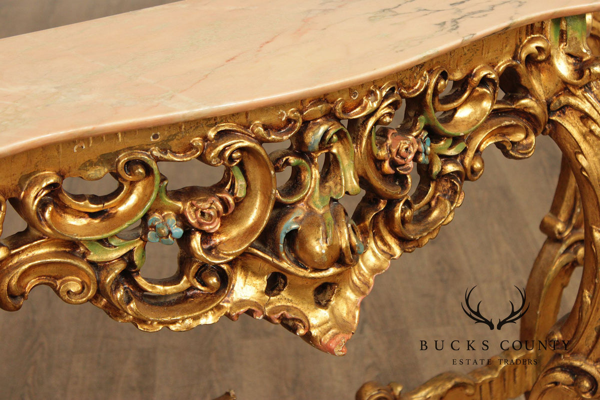 Venetian Rococo Style Marble Top Giltwood Console Table
